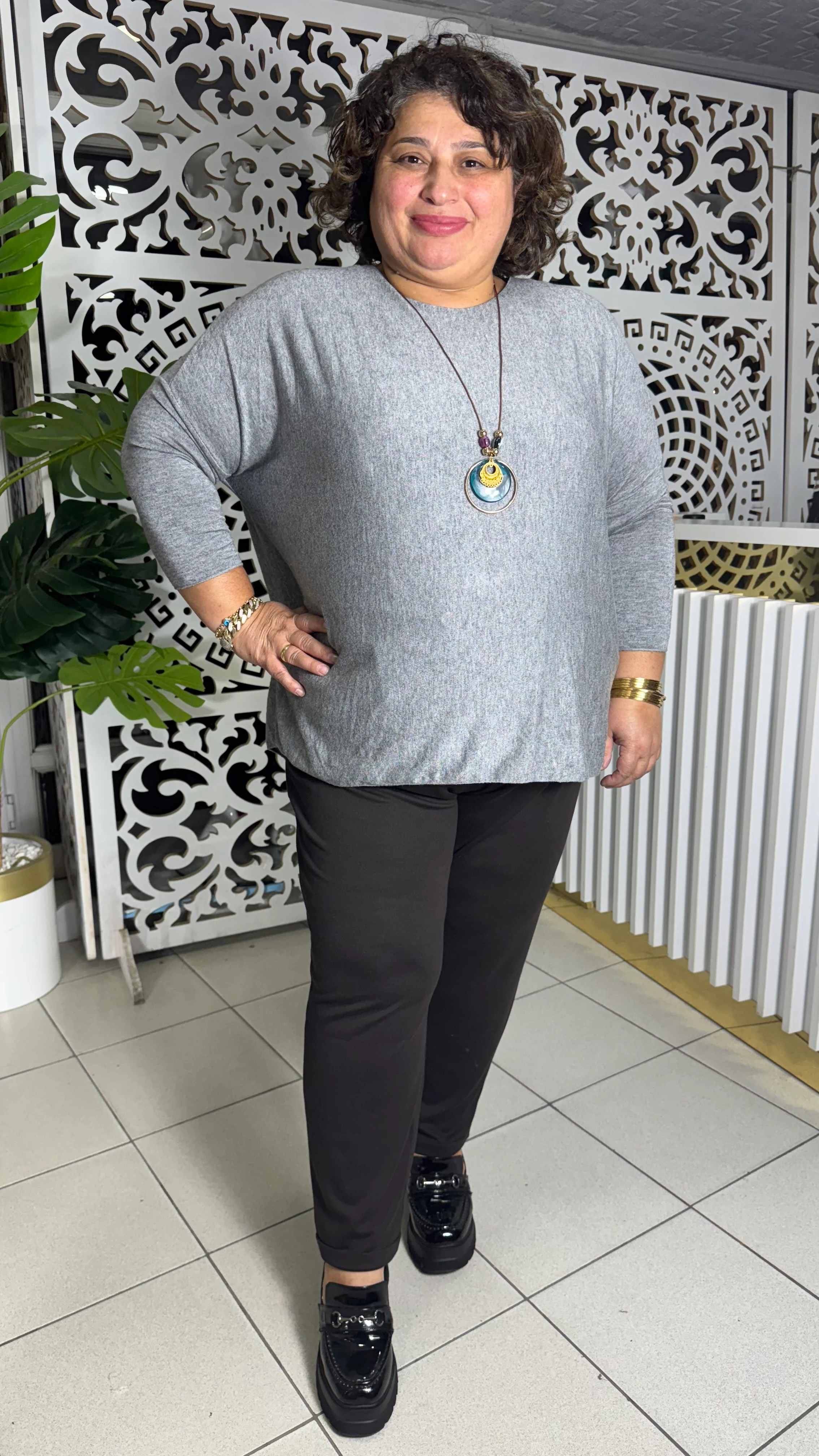 İTALYAN BÜYÜK BEDEN KOLYELİ ANGORA KAZAK - GRİ