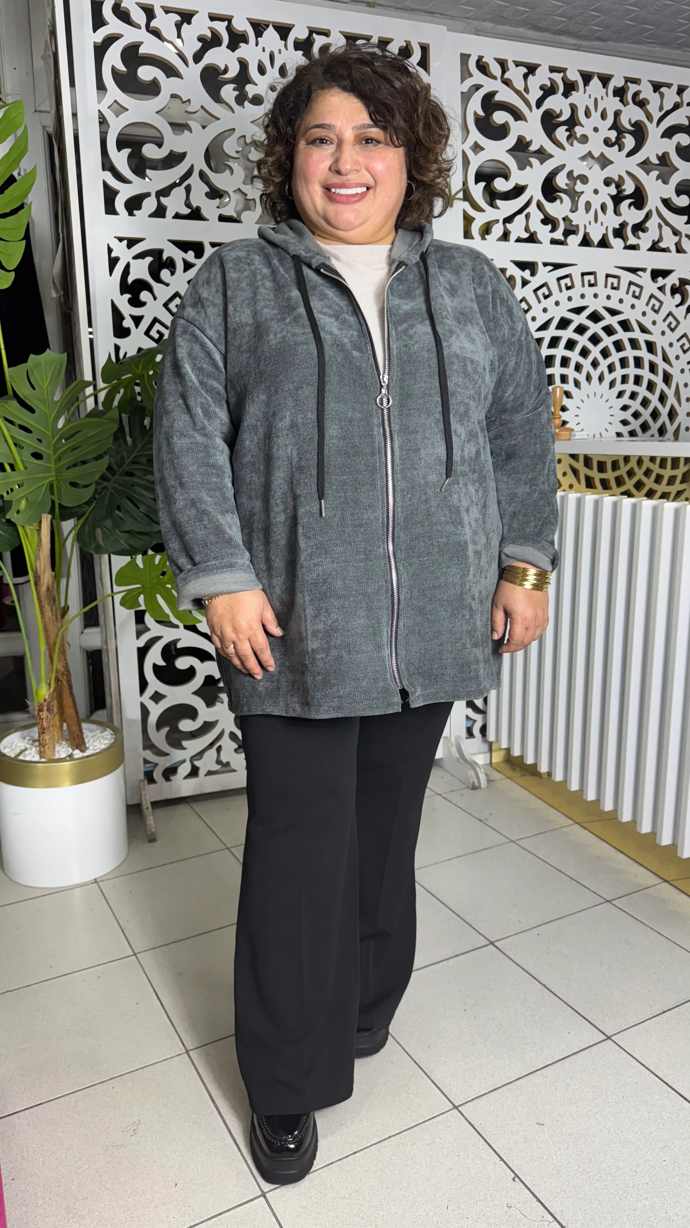 BÜYÜK BEDEN İTALYAN KADİFE CEKET - GRİ