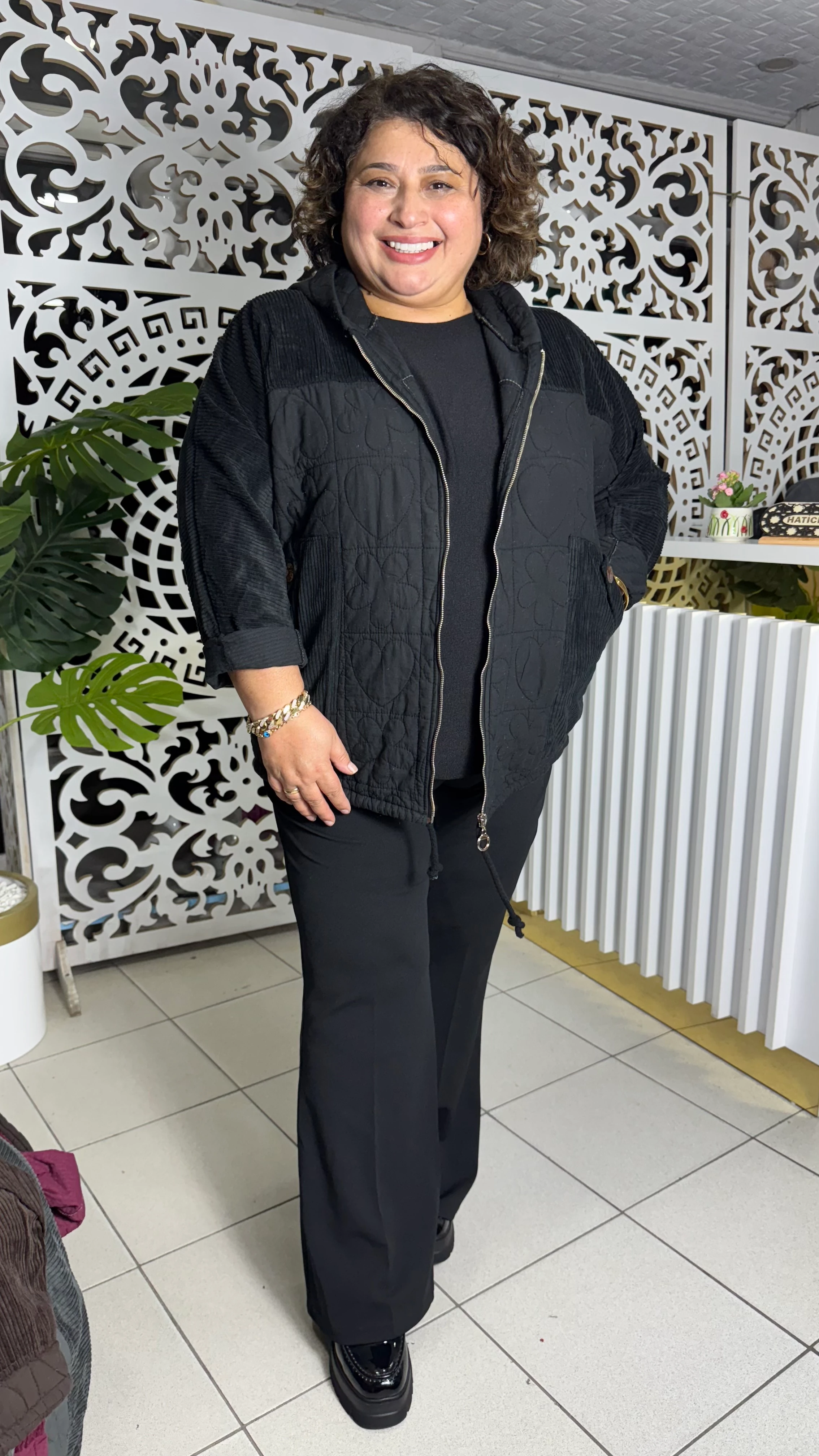 BÜYÜK BEDEN İTALYAN KADİFE DETAYLI KAPİTONE MONT - SİYAH