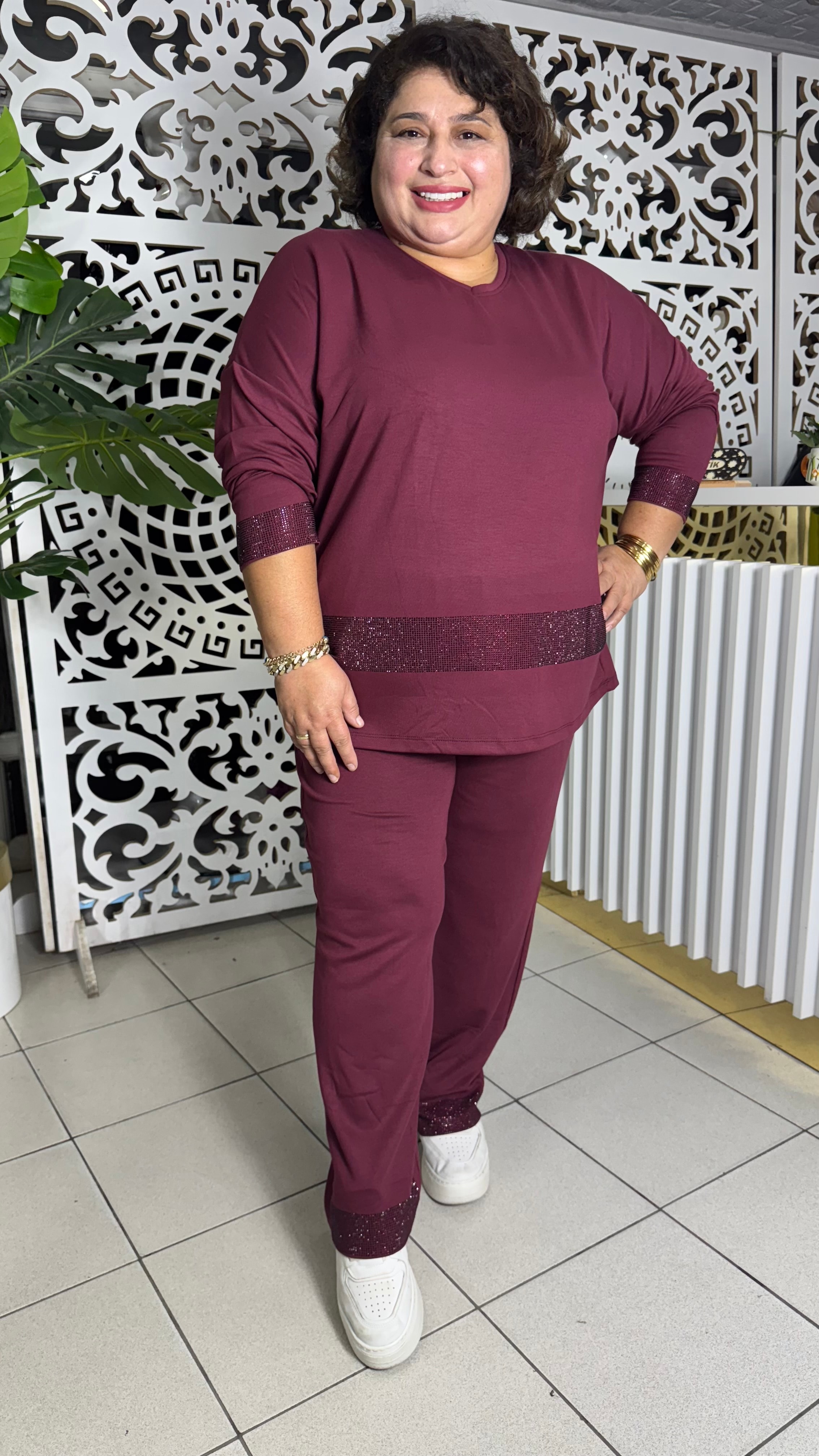 BÜYÜK BEDEN TAŞ DETAYLI MODAL KUMAŞ EŞOFMAN TAKIMI - BORDO