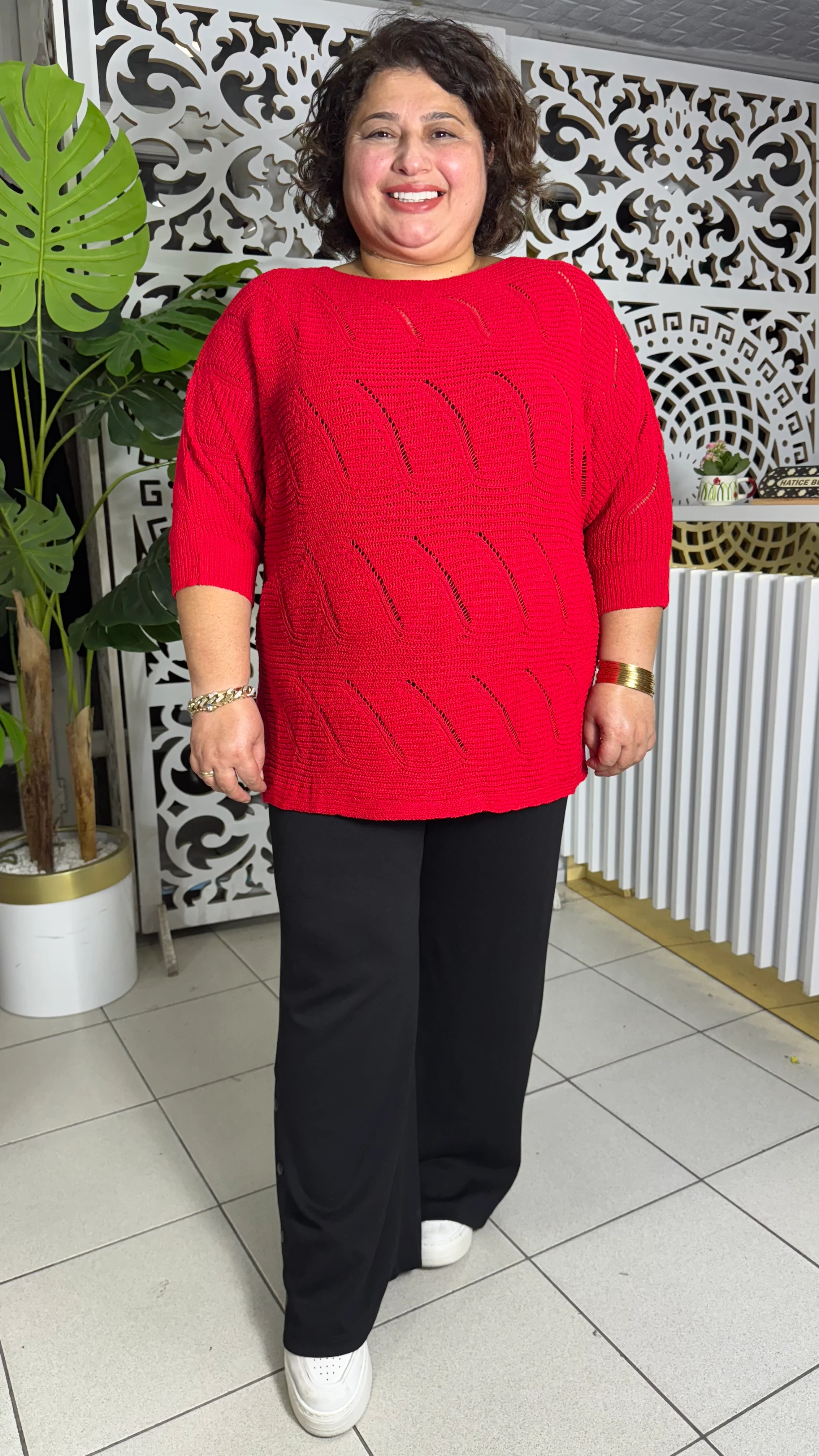 BÜYÜK BEDEN MERSERİZE DALGA DESEN TRİKO - KIRMIZI