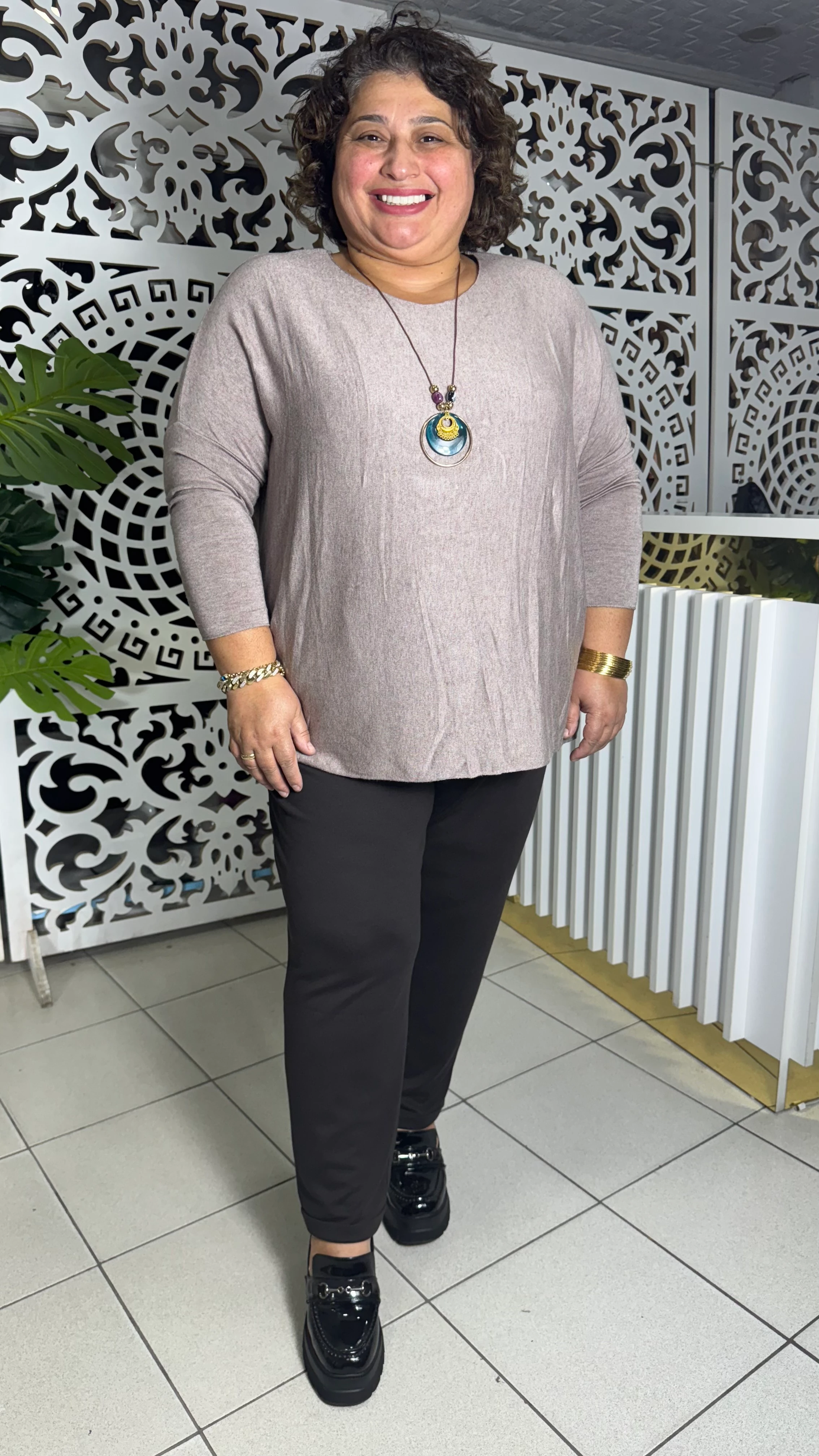 İTALYAN BÜYÜK BEDEN KOLYELİ ANGORA KAZAK - AÇIK KAHVERENGİ