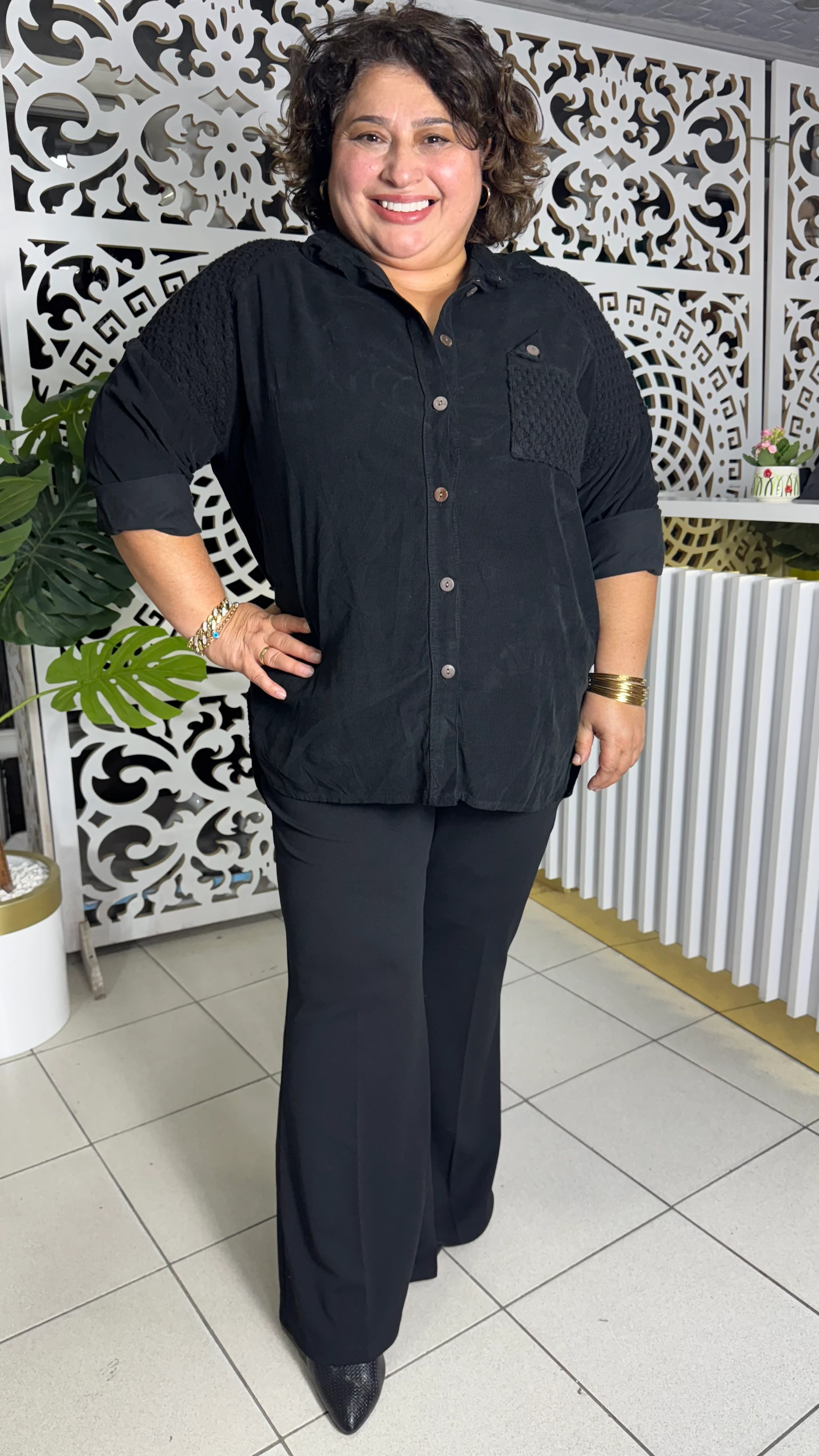 BÜYÜK BEDEN İTALYAN KADİFE GÖMLEK - SİYAH