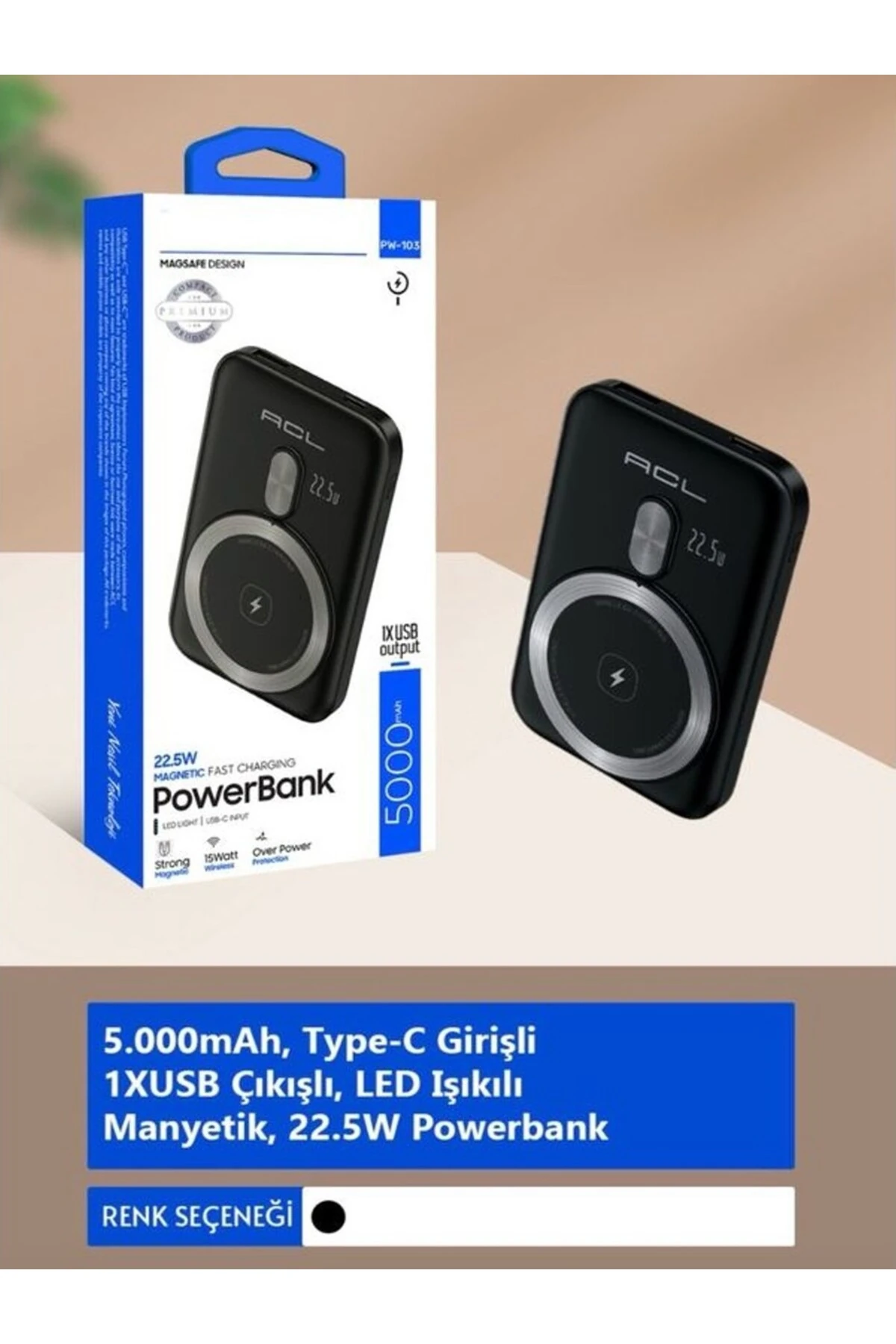 PW-103 5.000mAh 22.5W, Manyetik Type-C Girişli 1xusb-A Çıkış Powerbank