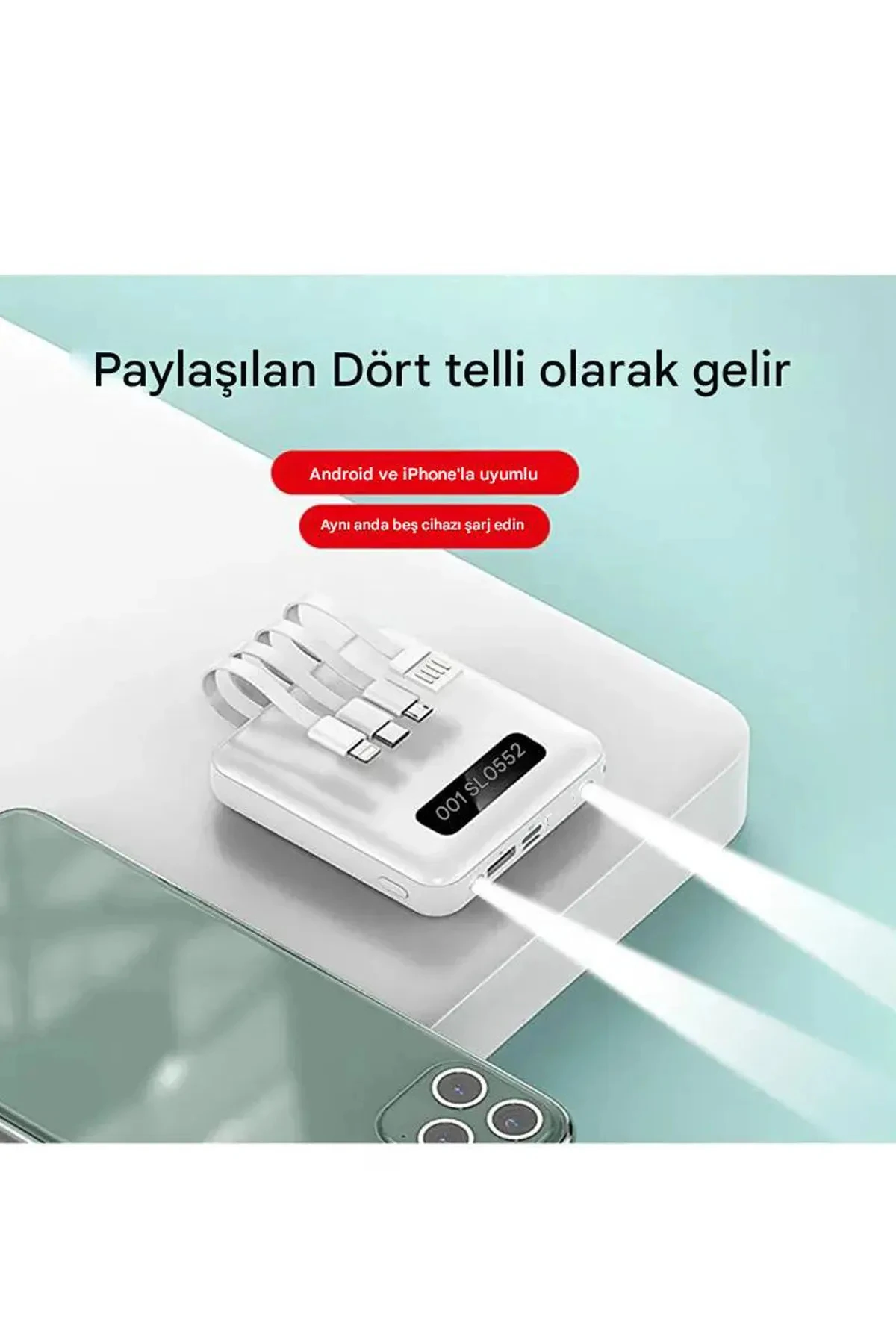 PW-97 10.000mAh 2.4A, Lcd’li 1xusb-A Dahili Mikro Type-C, Lightning powerbank