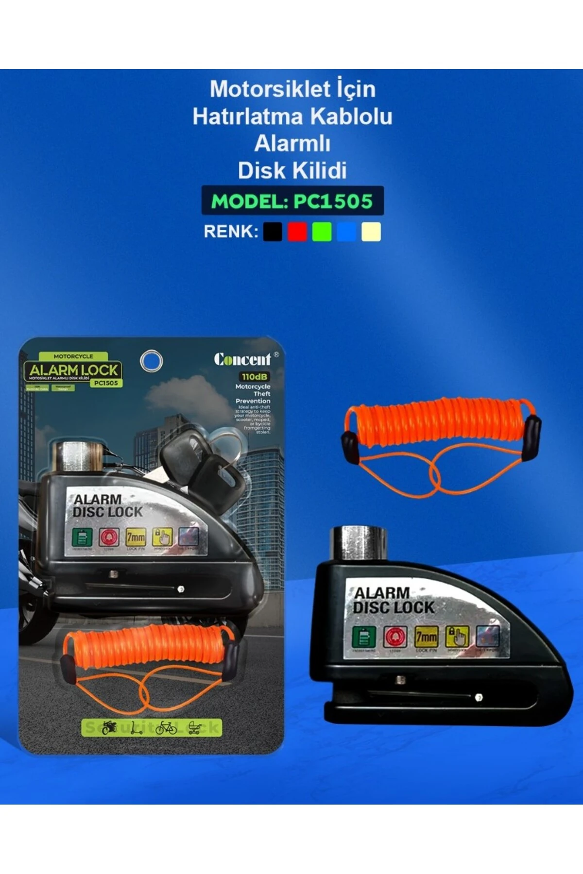 PC1505 Motosiklet Alarmlı Disk Kilidi Hatırlatma Kablolu 110 Db