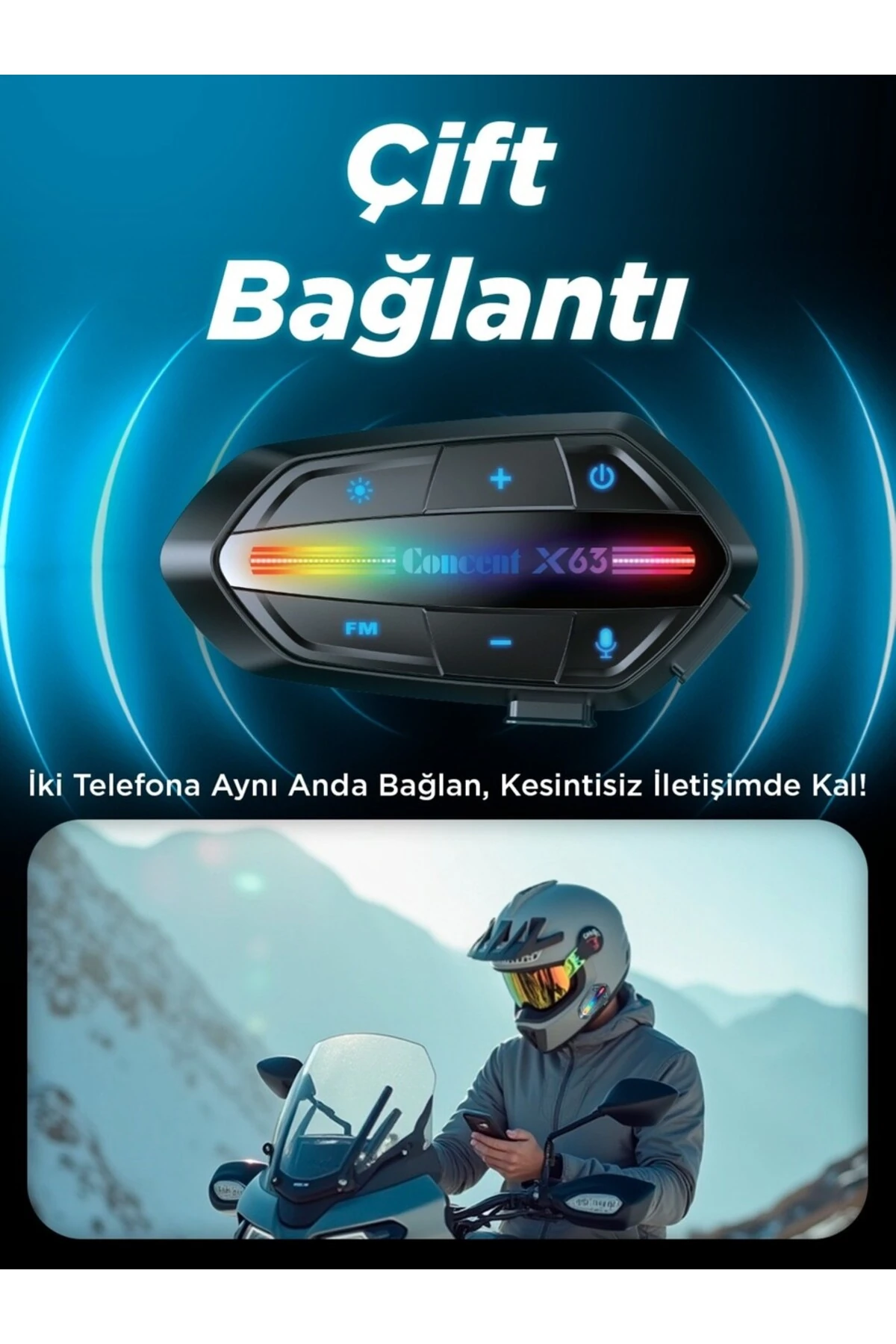 X63 Kablosuz Bluetooth Motosiklet Kask Kulaklığı - IP67 Su Geçirmez Intercom Rgb Işıklı