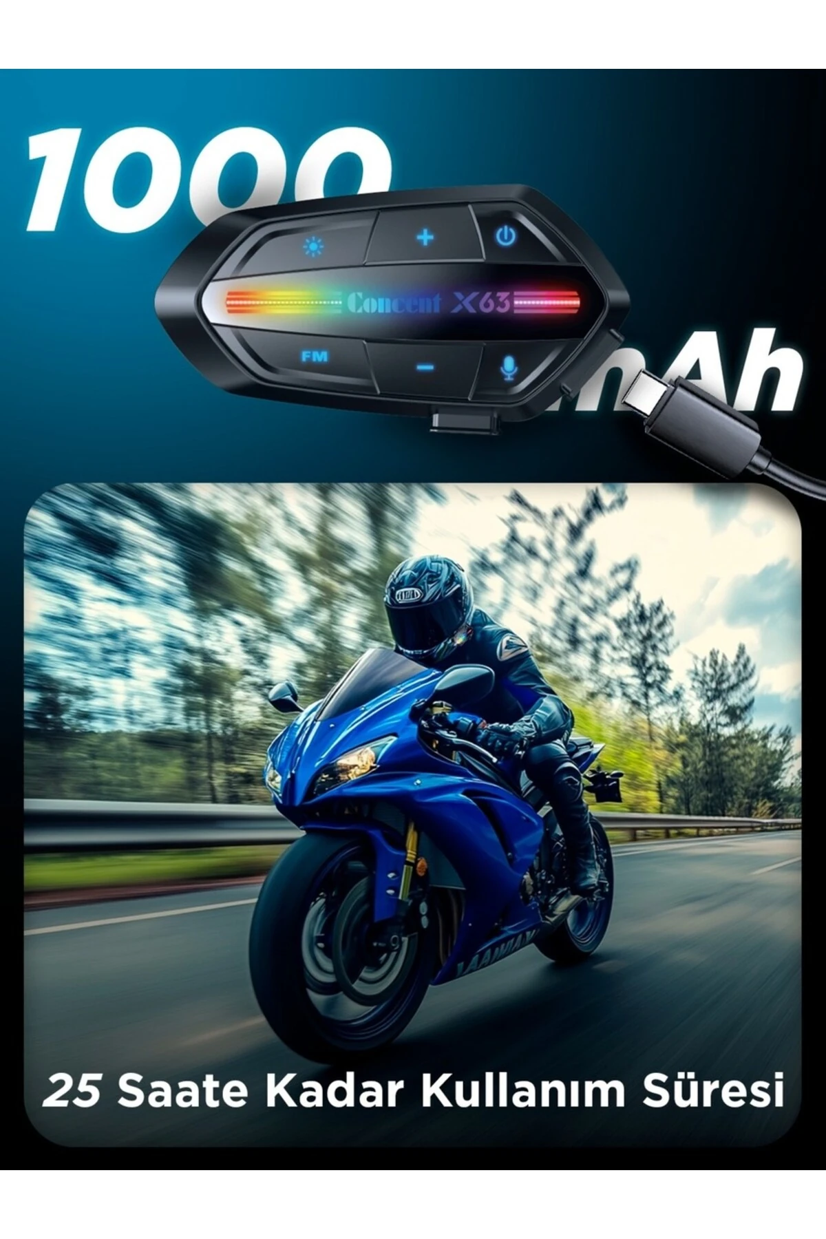 X63 Kablosuz Bluetooth Motosiklet Kask Kulaklığı - IP67 Su Geçirmez Intercom Rgb Işıklı