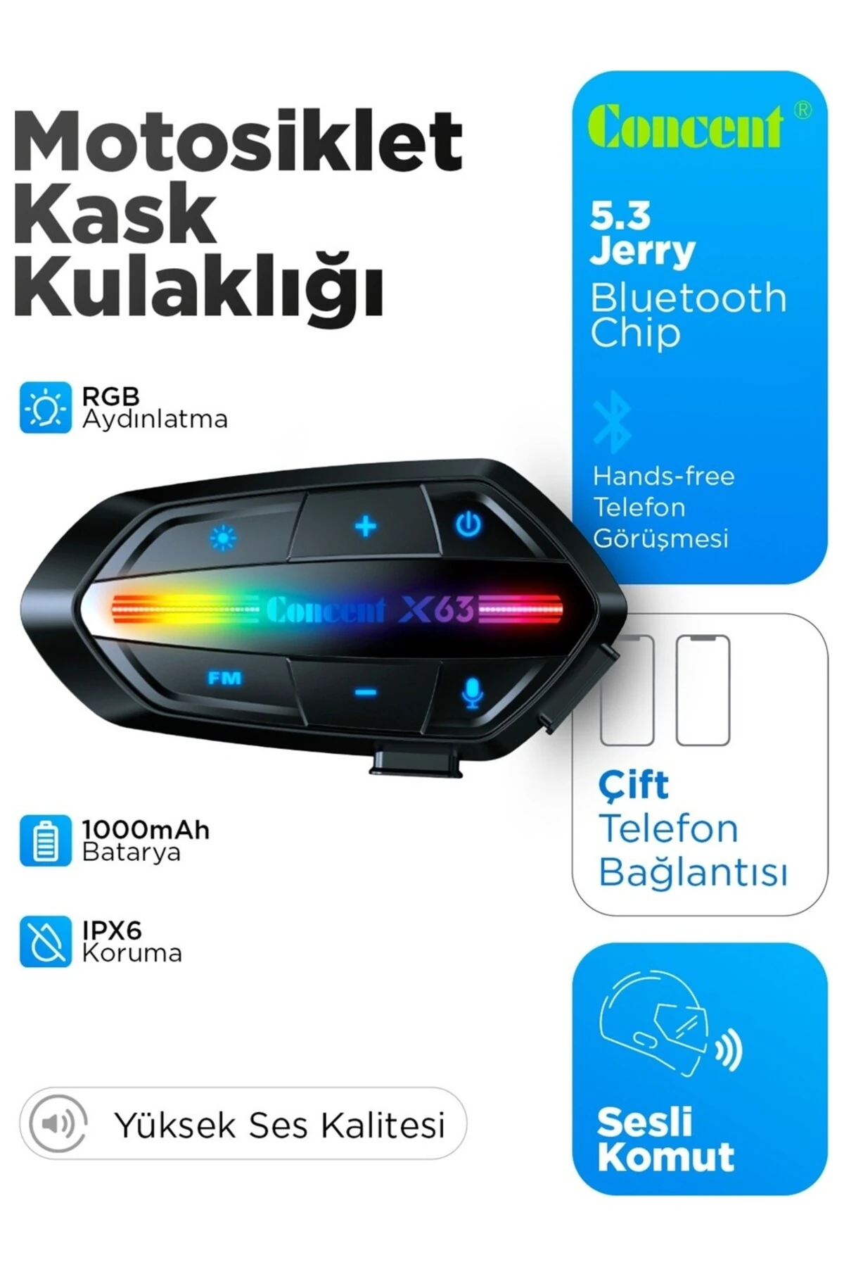 X63 Kablosuz Bluetooth Motosiklet Kask Kulaklığı - IP67 Su Geçirmez Intercom Rgb Işıklı