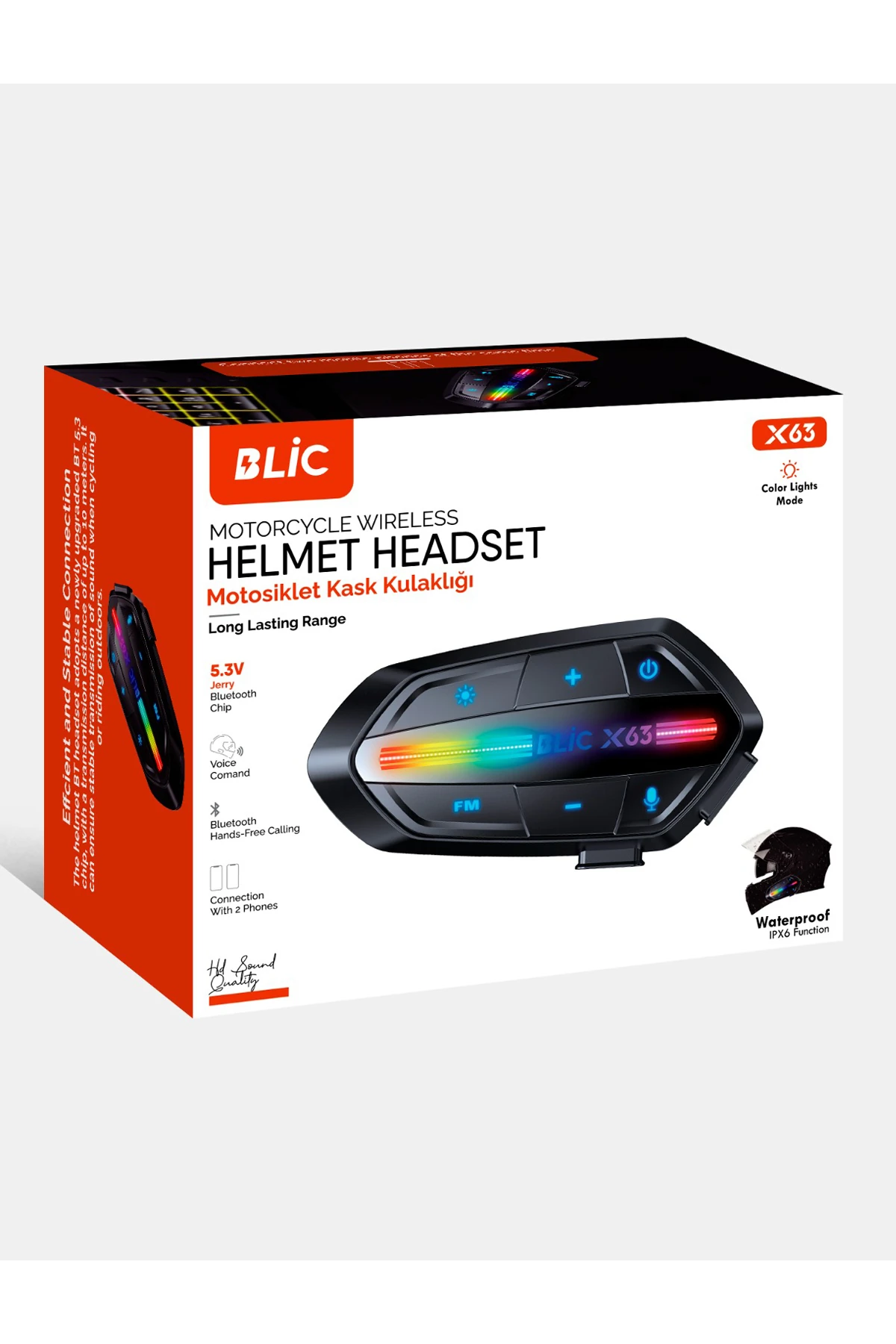 X63 Kablosuz Bluetooth Motosiklet Kask Kulaklığı - IP67 Su Geçirmez Intercom Rgb Işıklı