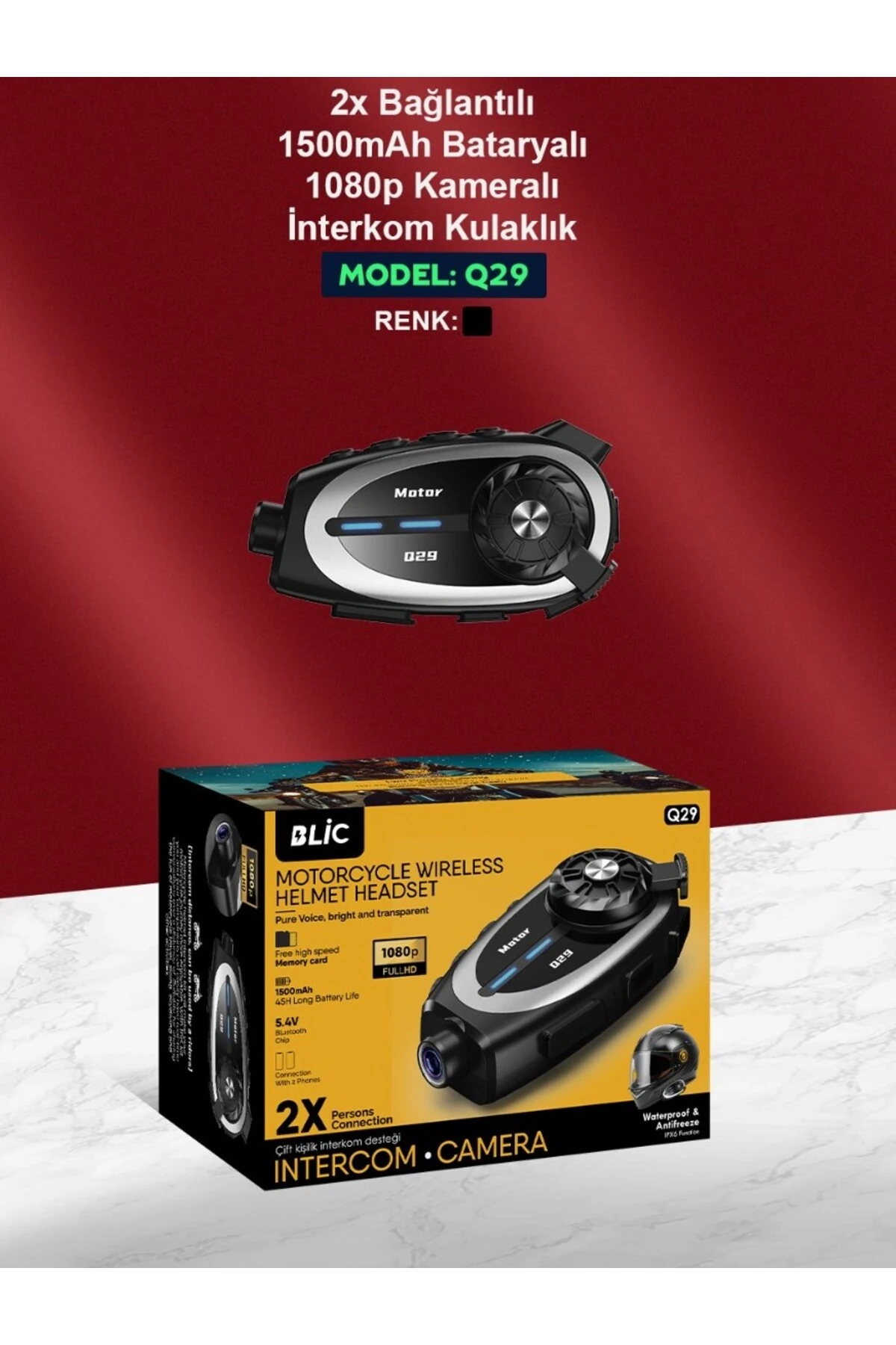 Q29 Motosiklet Kask Bluetooth Kulaklık Eşleşmeli 1080P Kamera Geniş açı Su Geçirmez Intercom