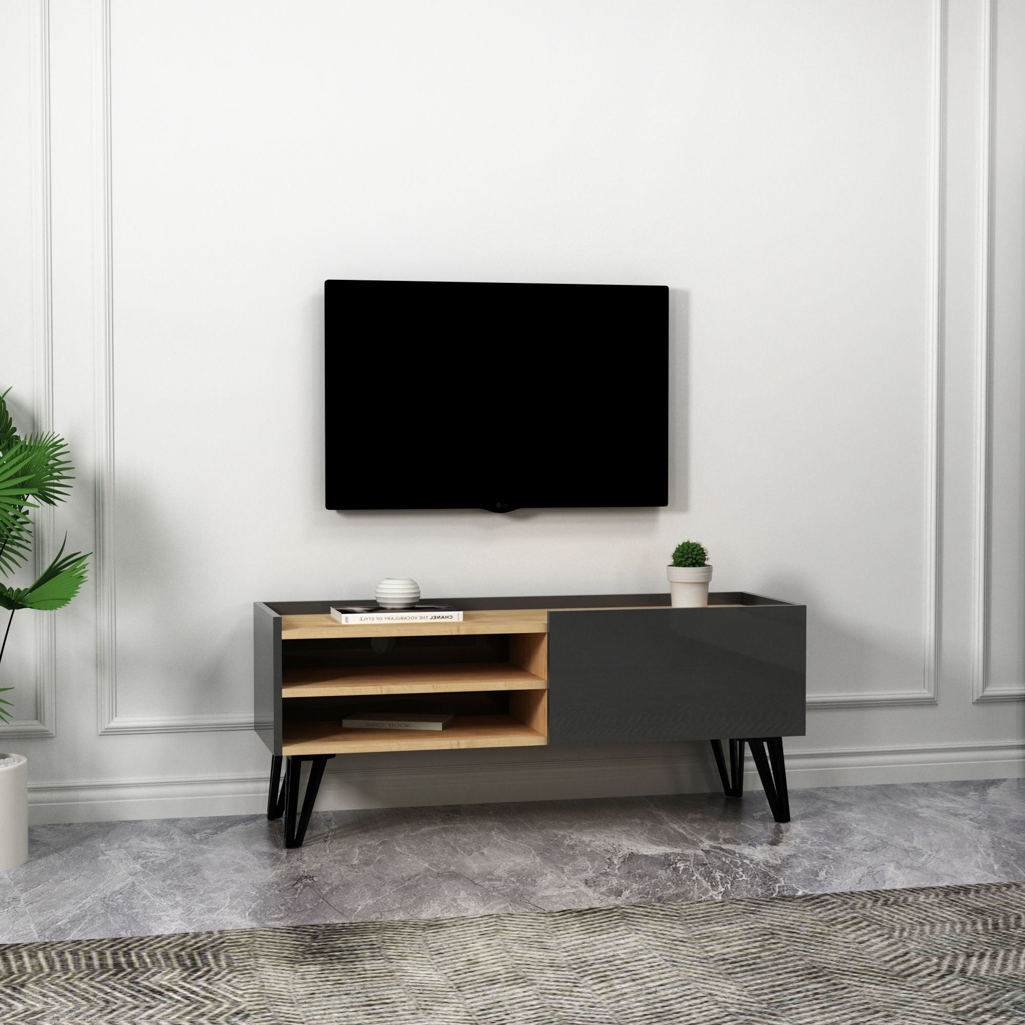 Fibel Kapaklı Raflı TV Sehpası, Safirmeşe Antrasit - Fibel