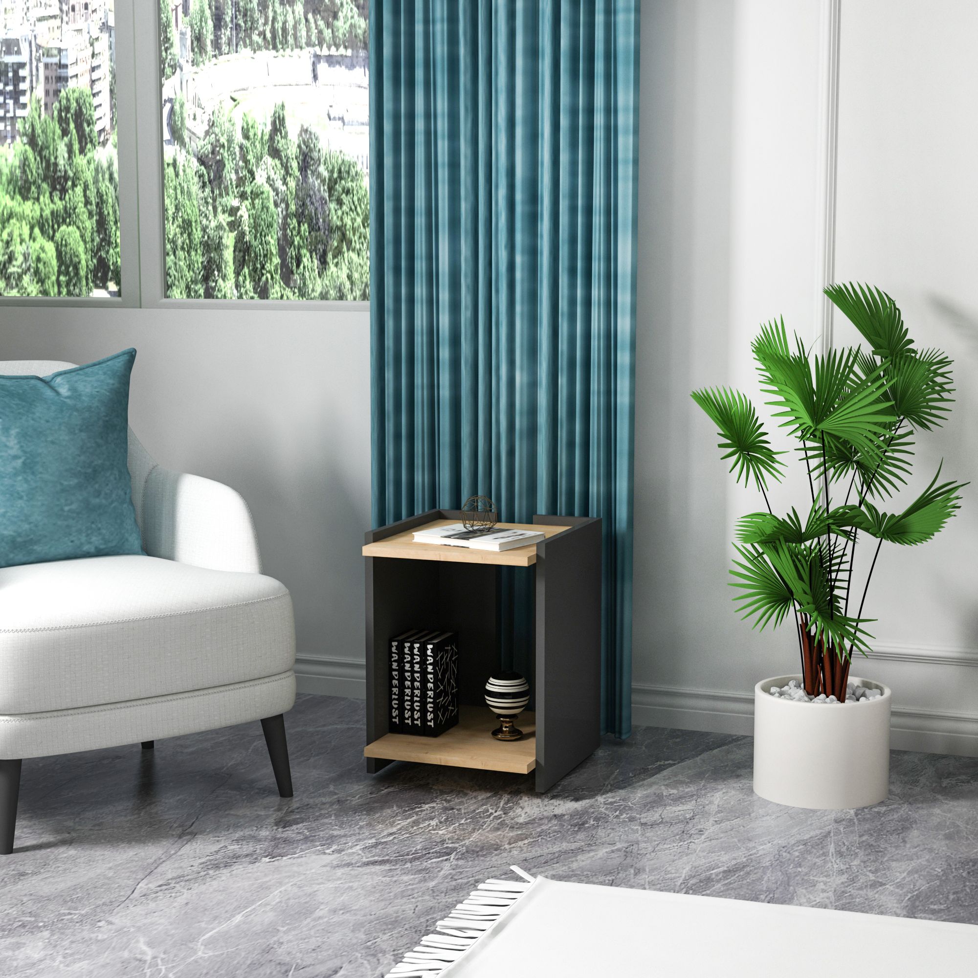 Fibel Raflı Modern Yan Sehpa, Safirmeşe Antrasit - Fibel