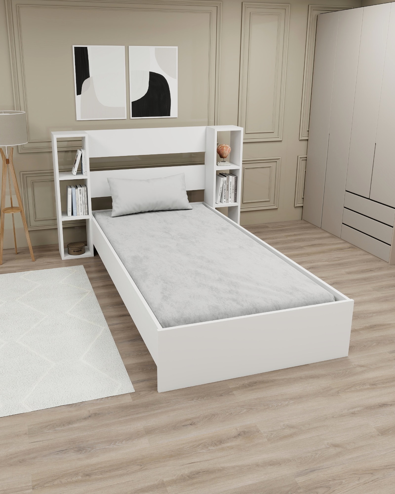 Smart 90x190 Ölçülerinde Yatak Uyumlu Raflı Tek Kişilik Karyola, Beyaz - Smart