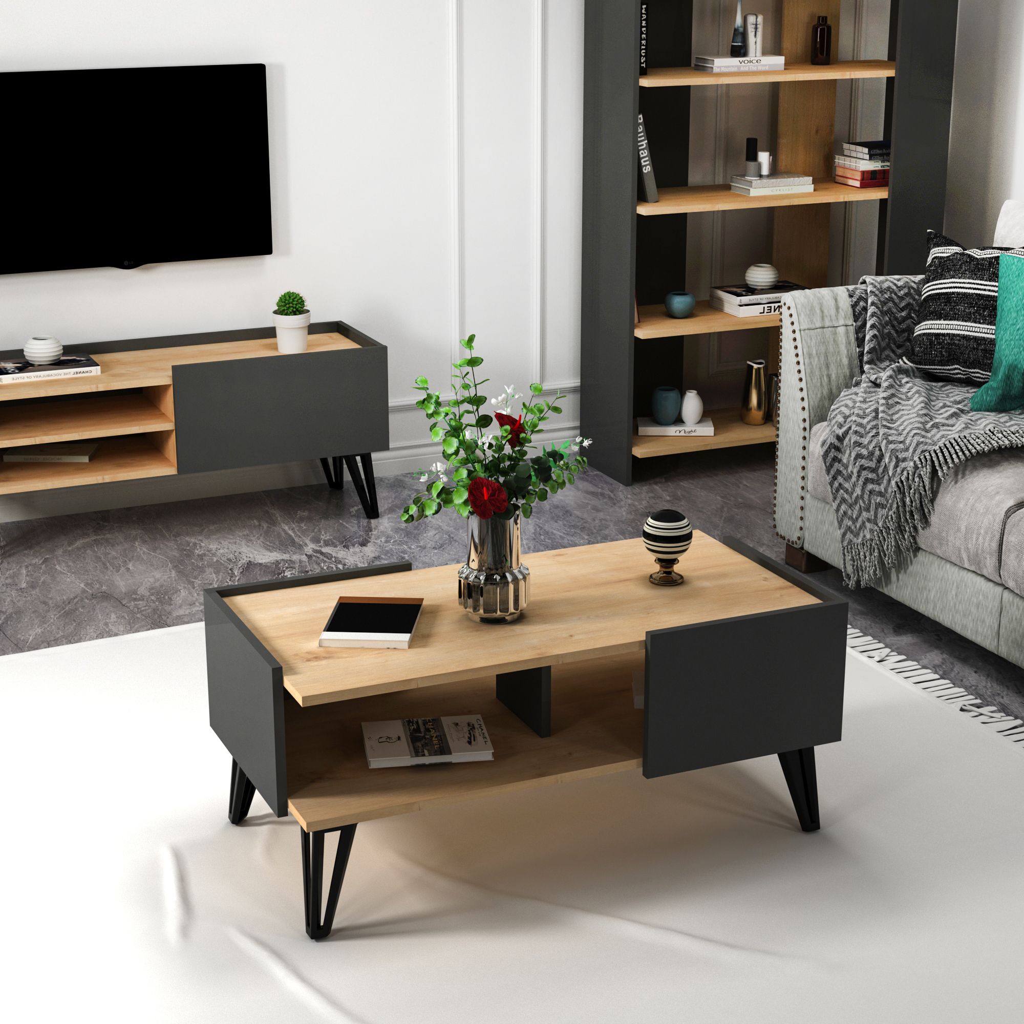 Fibel Raflı Modern Orta Sehpa Salon Sehpası, Safirmeşe Antrasit - Fibel