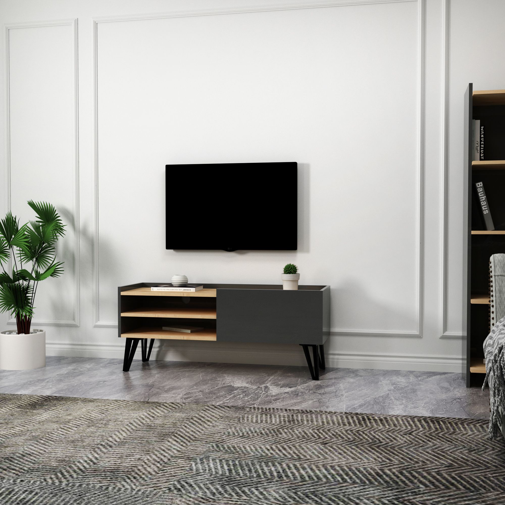 Fibel Kapaklı Raflı TV Sehpası, Safirmeşe Antrasit - Fibel