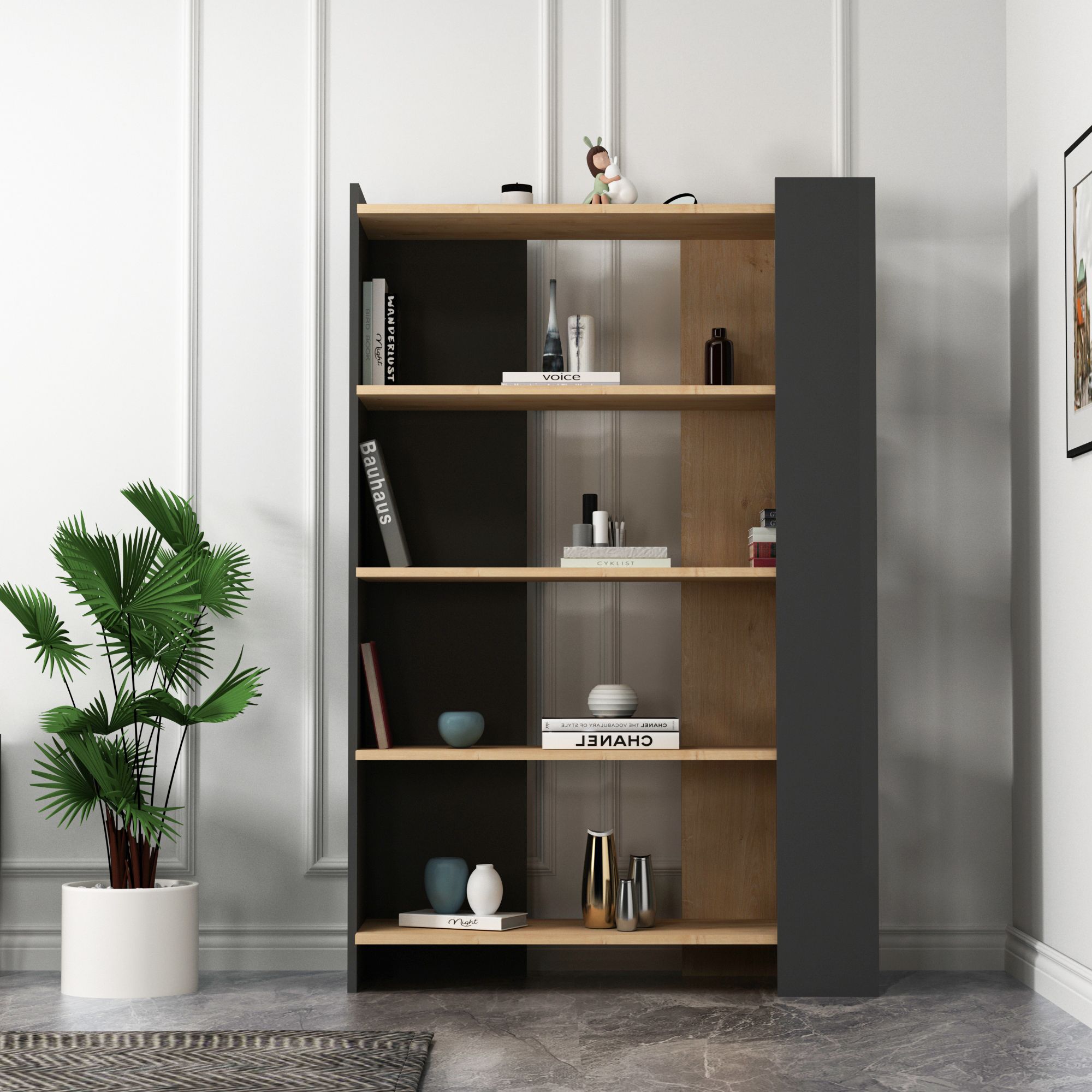 Fibel 4 Raflı Modern Tasarım Kitaplık, Safirmeşe Antrasit - Fibel