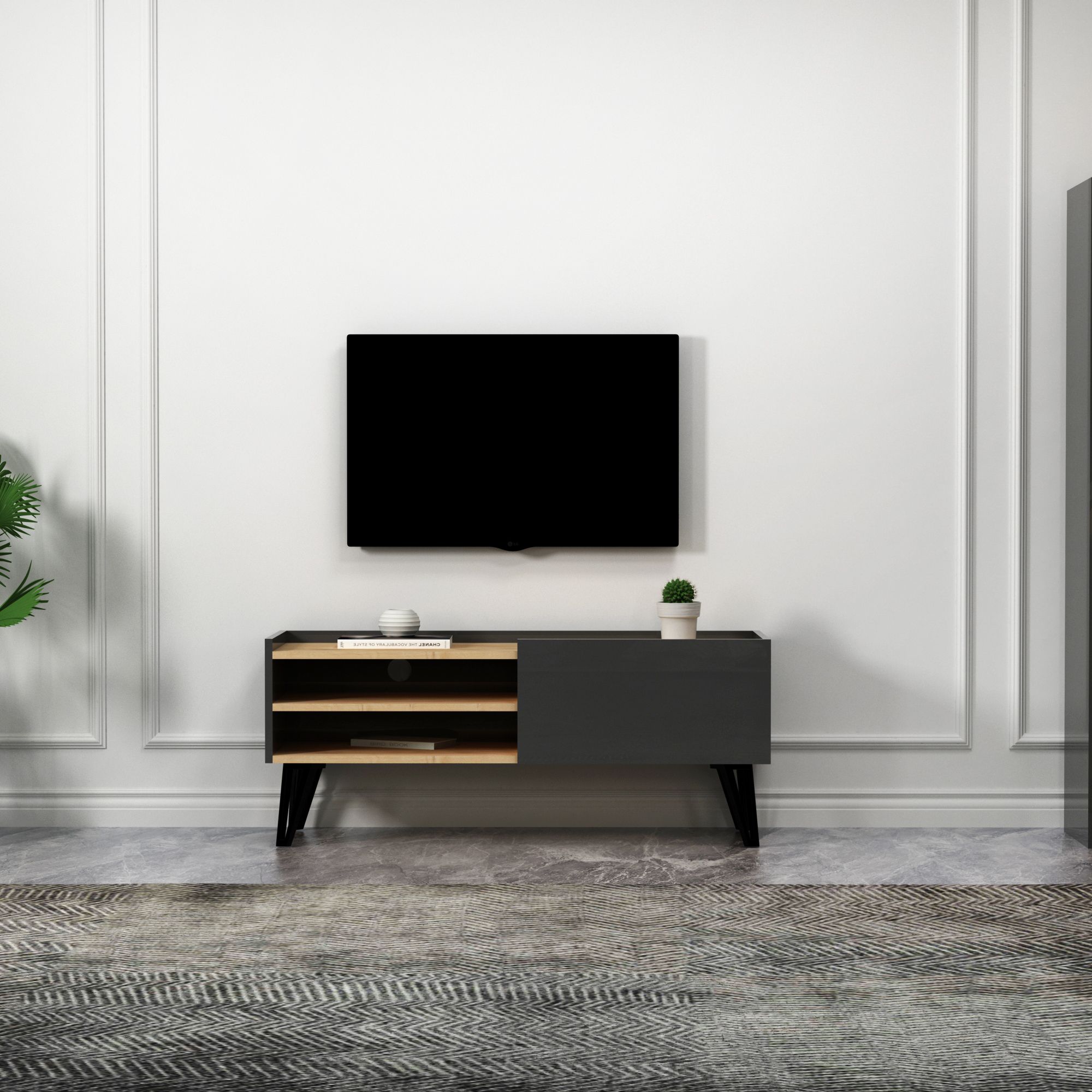 Fibel Kapaklı Raflı TV Sehpası, Safirmeşe Antrasit - Fibel
