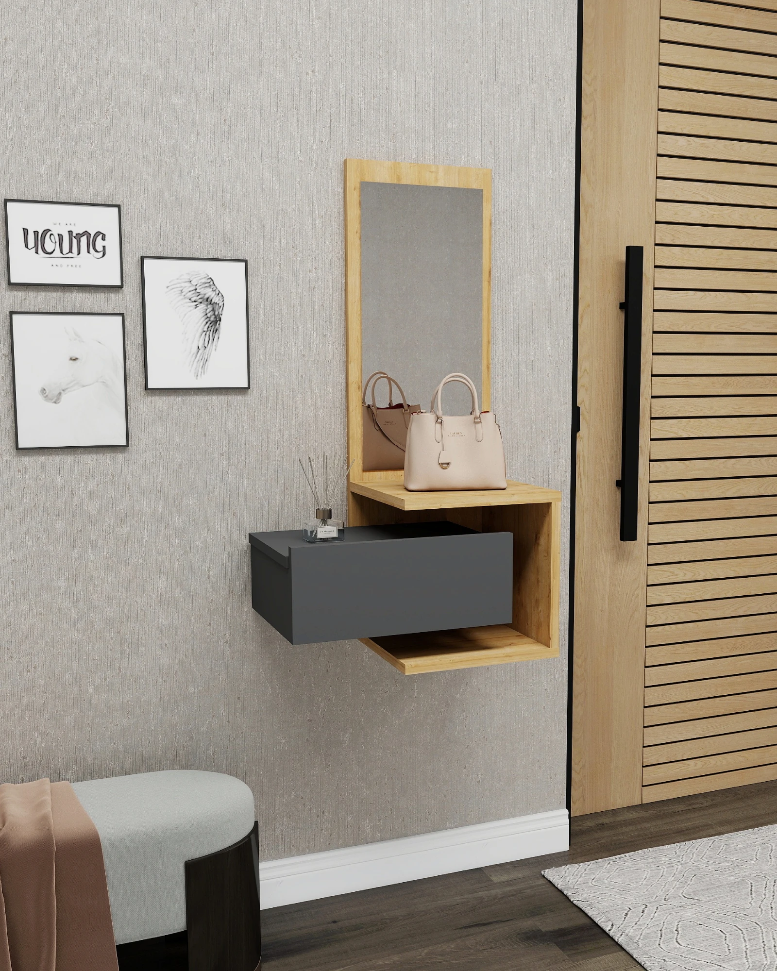 Stella Çekmeceli Duvara Monte Aynalı Dresuar Safirmeşe Antrasit - Stella