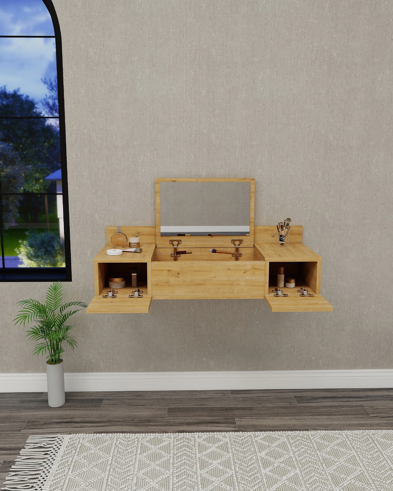 Zakkum Raflı Duvara Monte Aynalı Makyaj Masası Tuvalet Masası - Zakkum - Safirmeşe