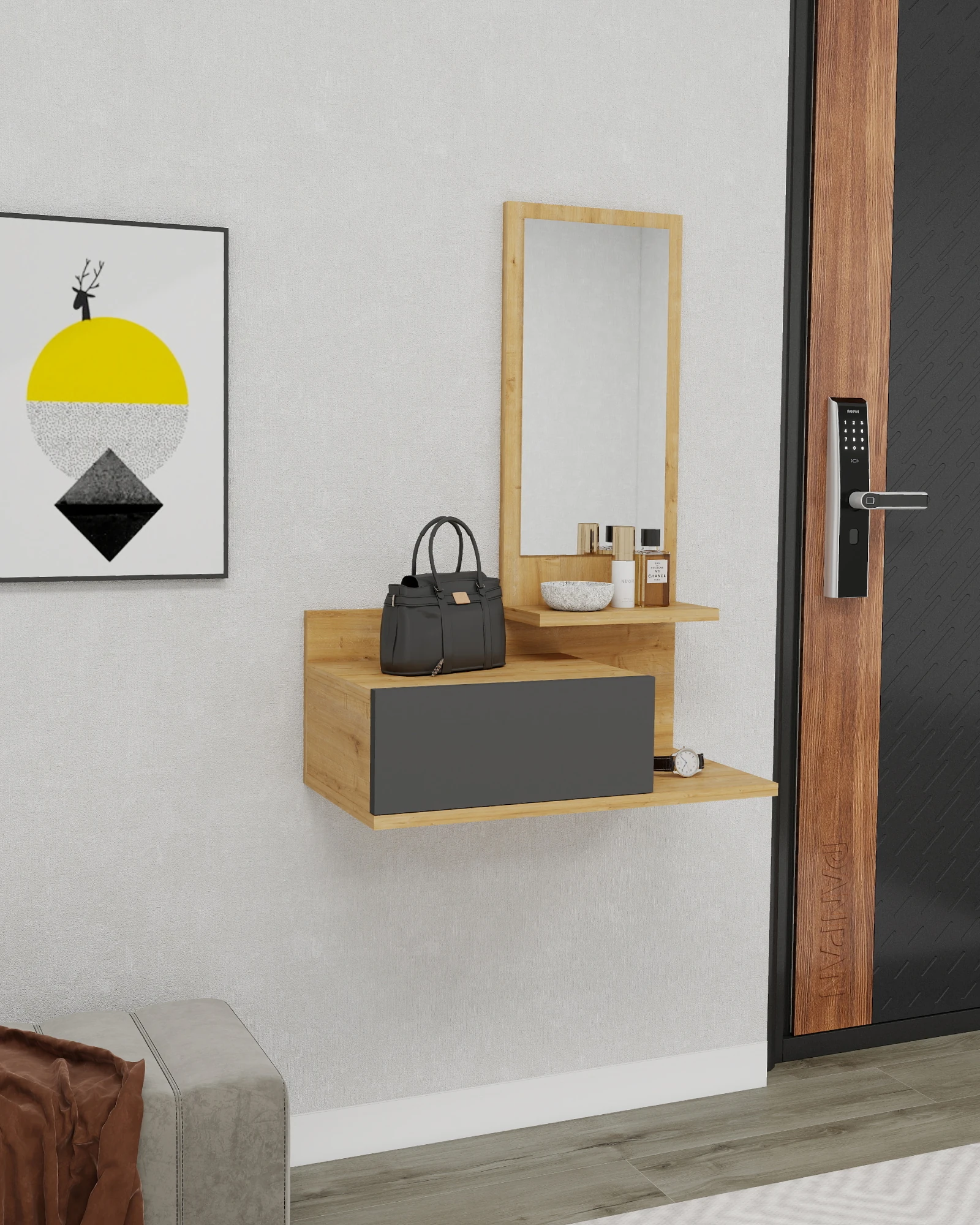 Rozella Çekmeceli Duvara Monte Aynalı Dresuar, Safirmeşe, Antrasit - Rozella