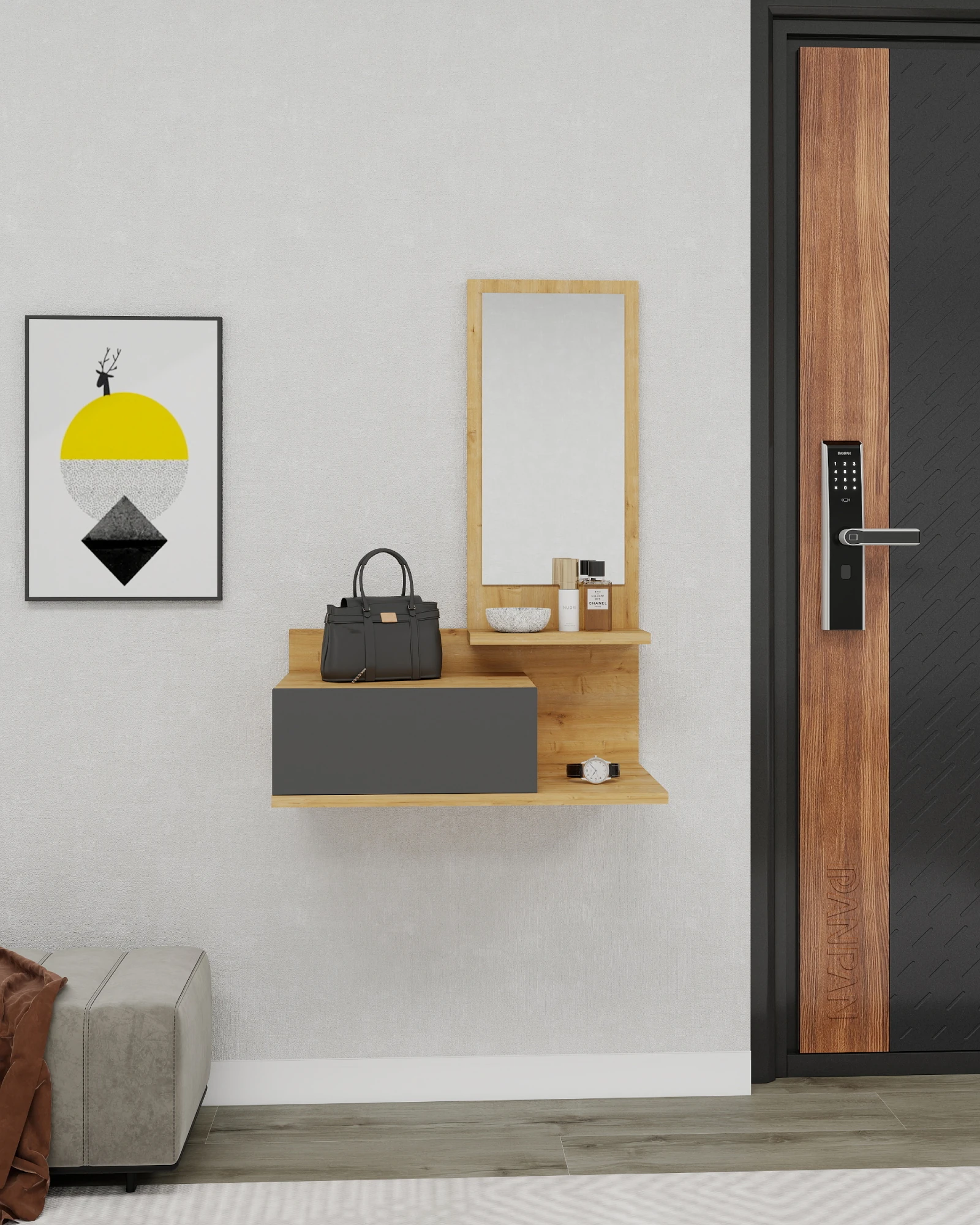 Rozella Çekmeceli Duvara Monte Aynalı Dresuar, Safirmeşe, Antrasit - Rozella