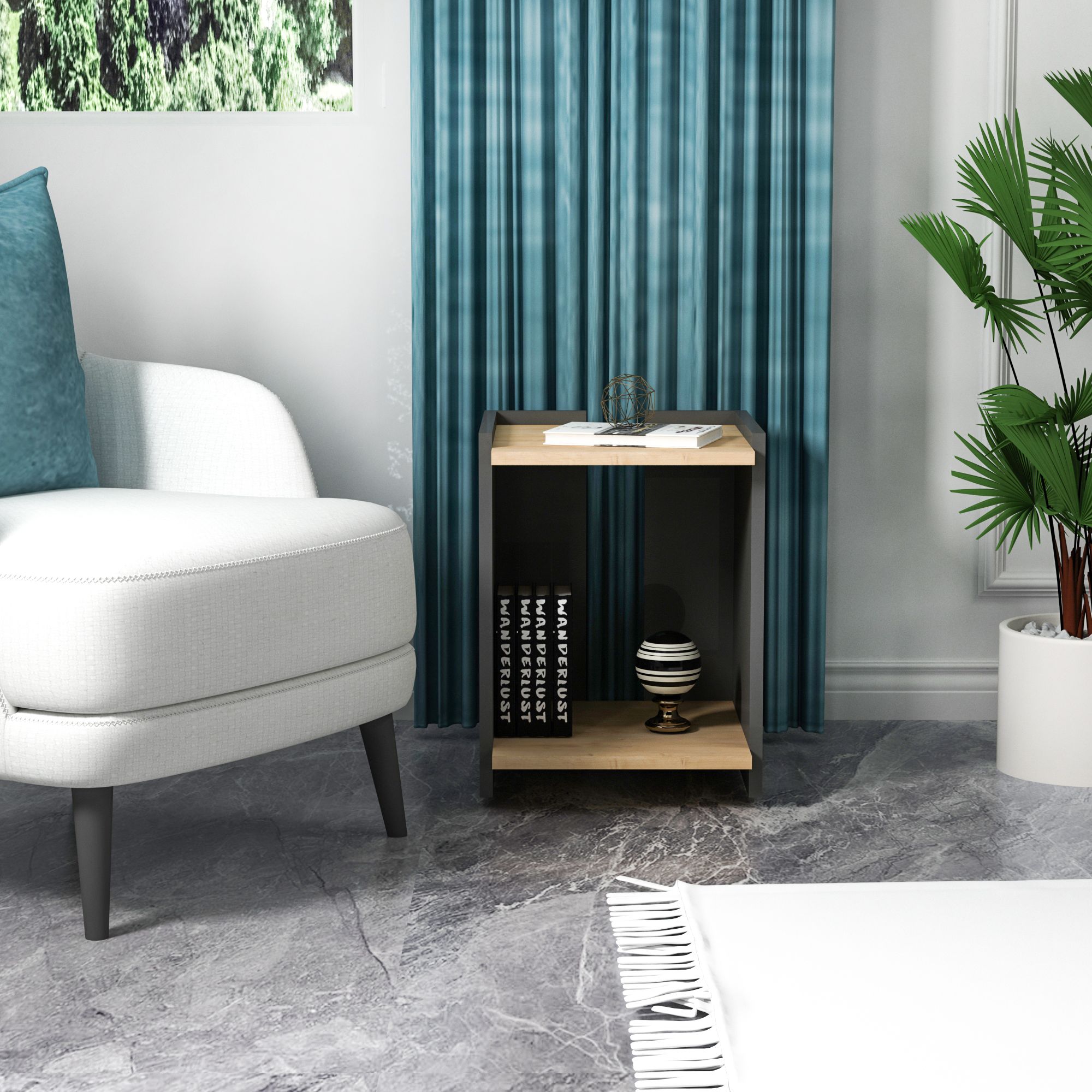 Fibel Raflı Modern Yan Sehpa, Safirmeşe Antrasit - Fibel