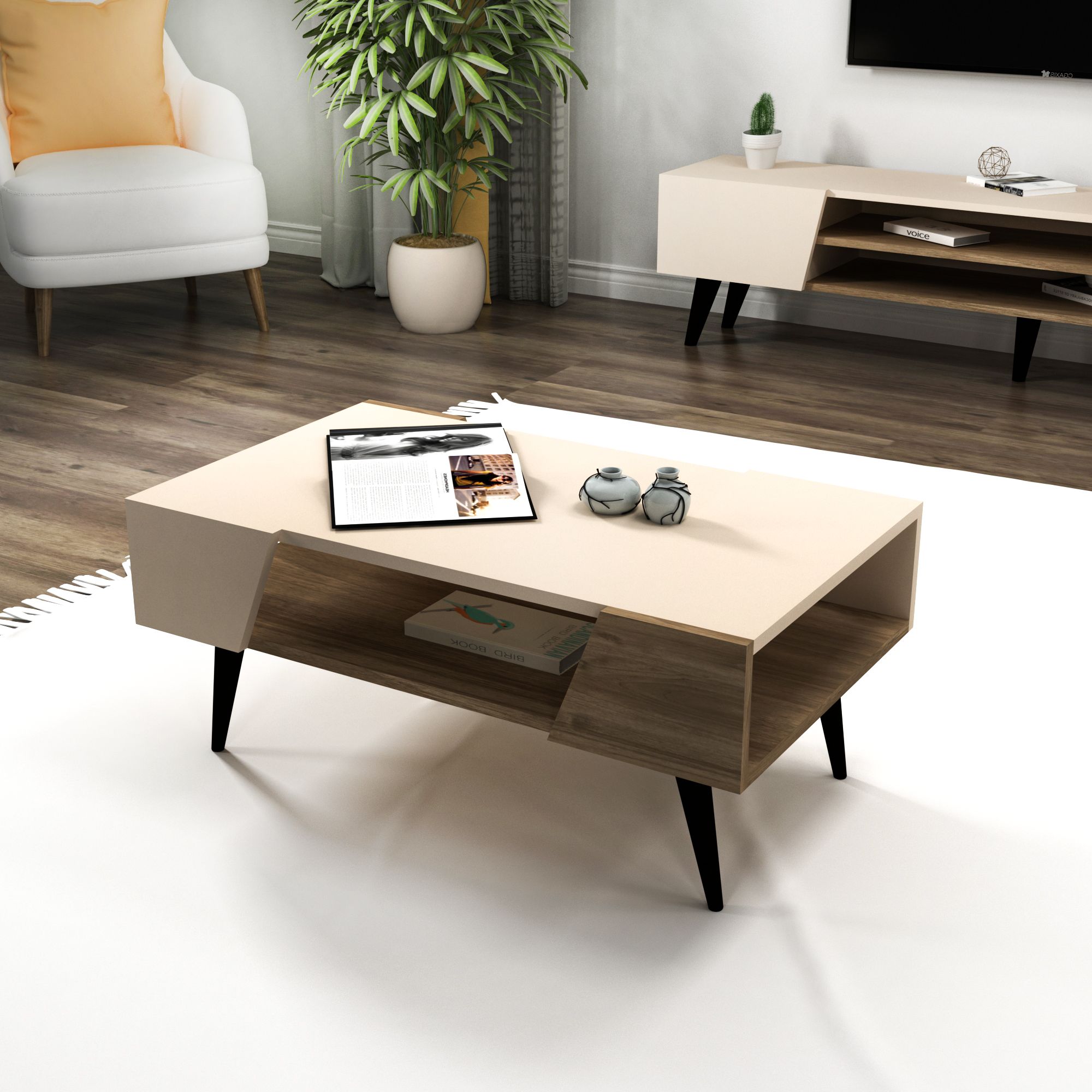 Clara Raflı Modern Tasarım Orta Sehpa Salon Sehpası, Ceviz Bej - Clara
