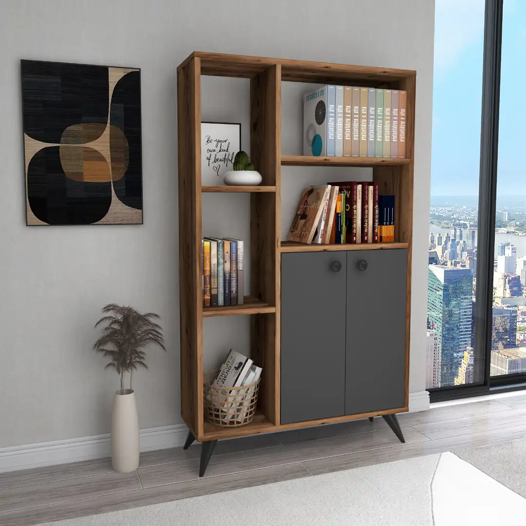 Arnetti Meldan 7 Raflı Çift Kapaklı Dekoratif Kitaplık Ceviz
