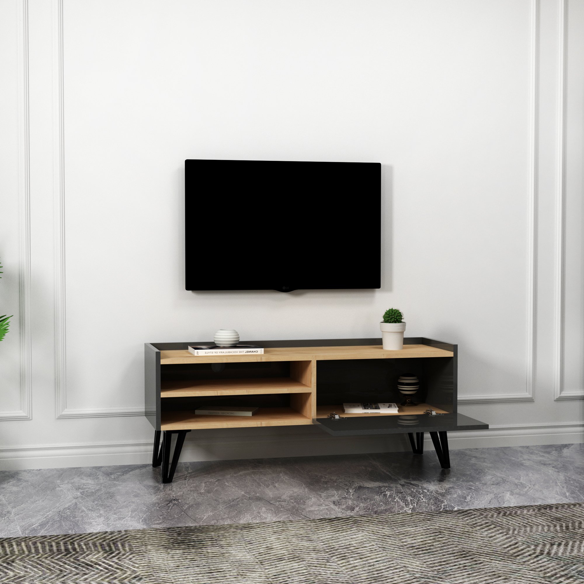 Fibel Kapaklı Raflı TV Sehpası, Safirmeşe Antrasit - Fibel