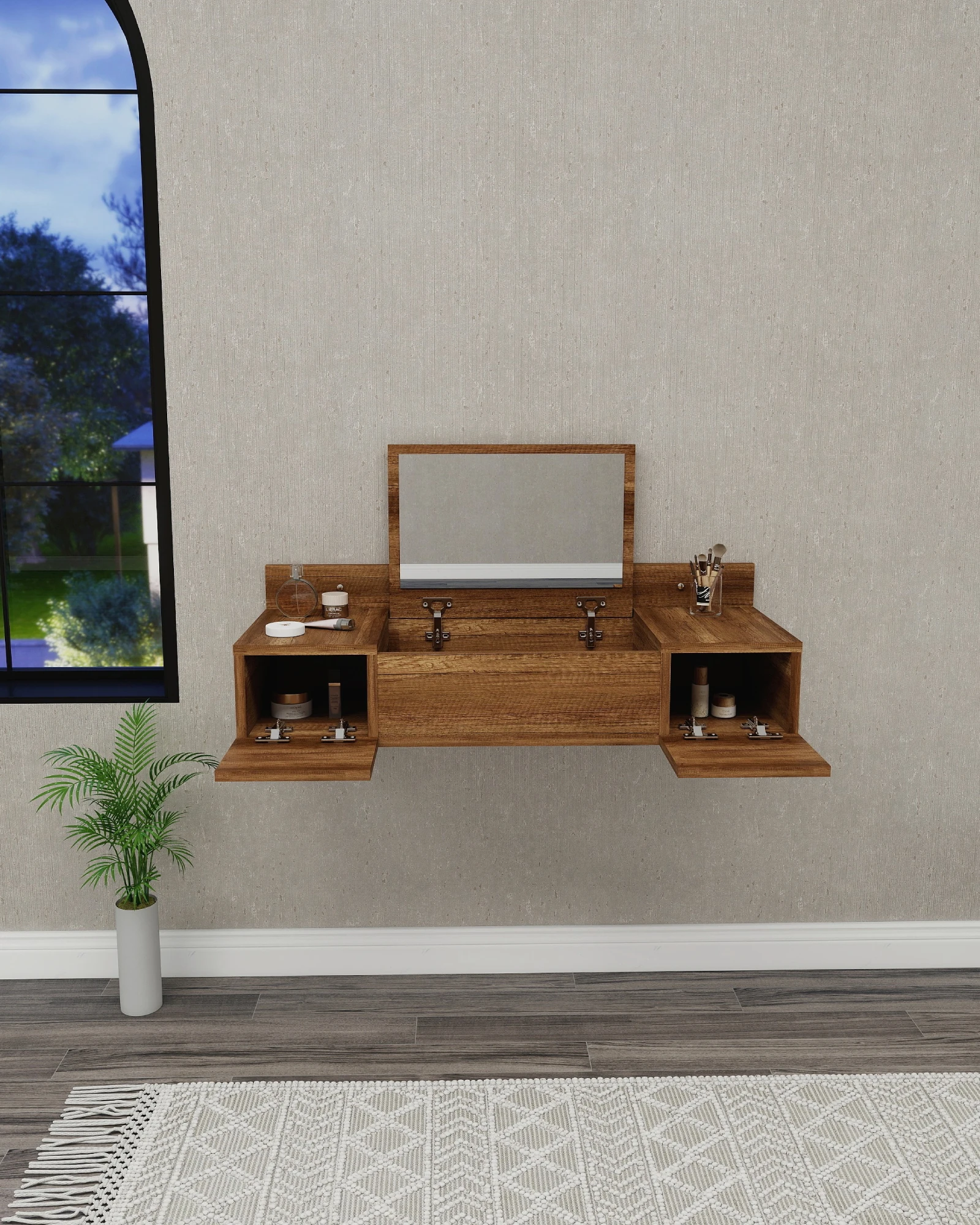 Zakkum Raflı Duvara Monte Aynalı Makyaj Masası Tuvalet Masası - Zakkum - Barok Ceviz