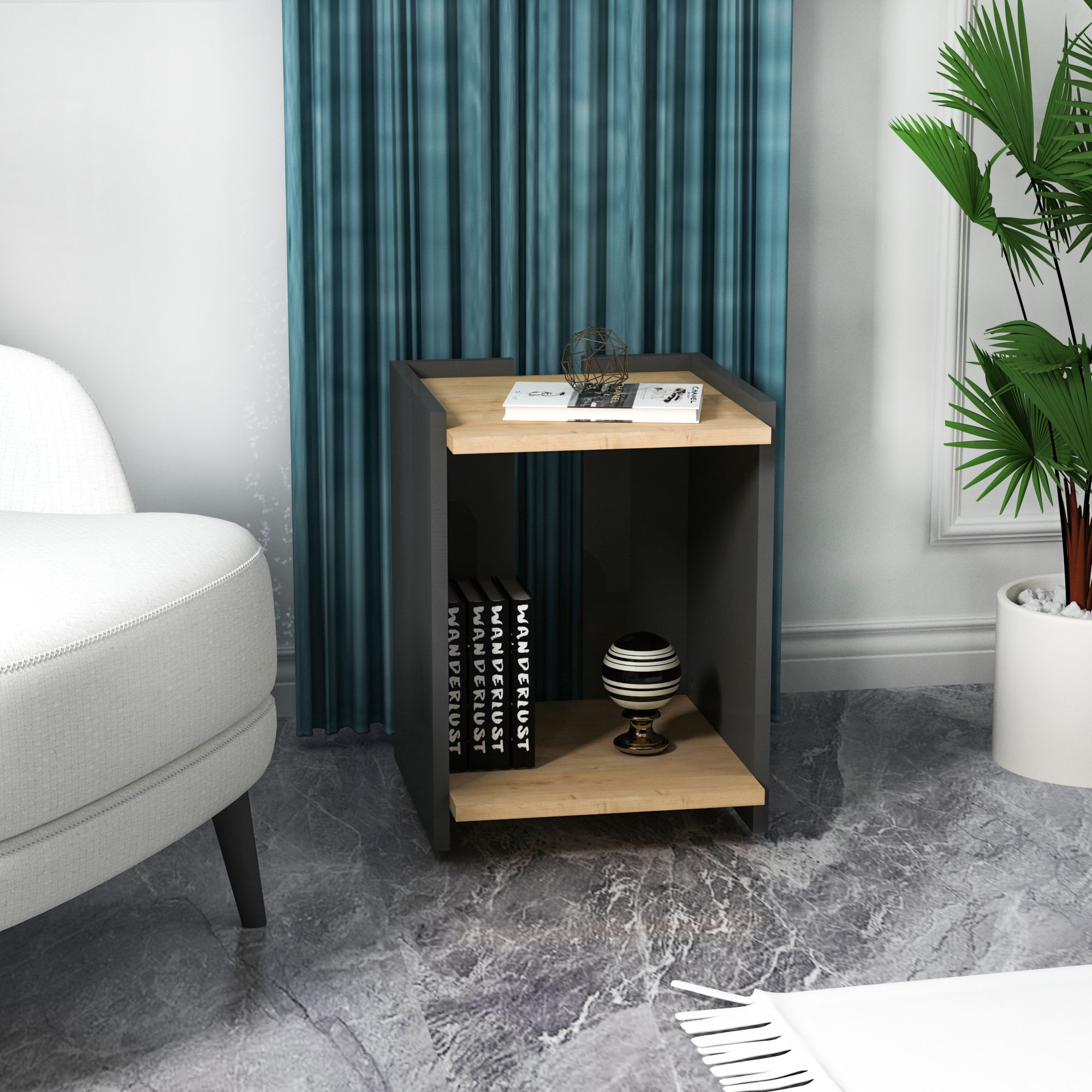 Fibel Raflı Modern Yan Sehpa, Safirmeşe Antrasit - Fibel