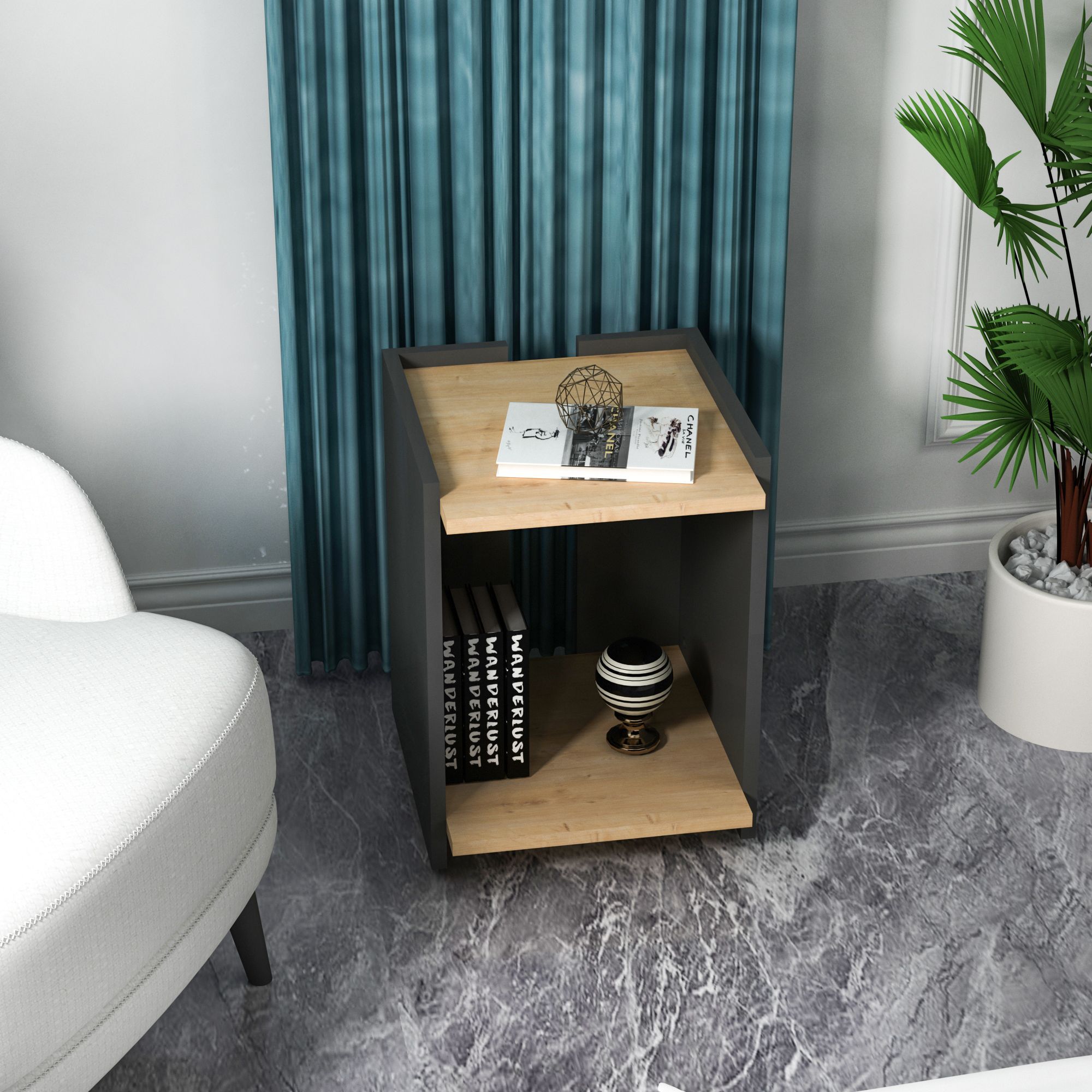 Fibel Raflı Modern Yan Sehpa, Safirmeşe Antrasit - Fibel