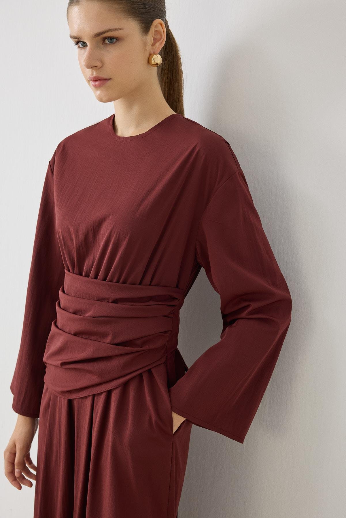 ROSE BÜZGÜLÜ DETAYLI ELBİSE BORDO