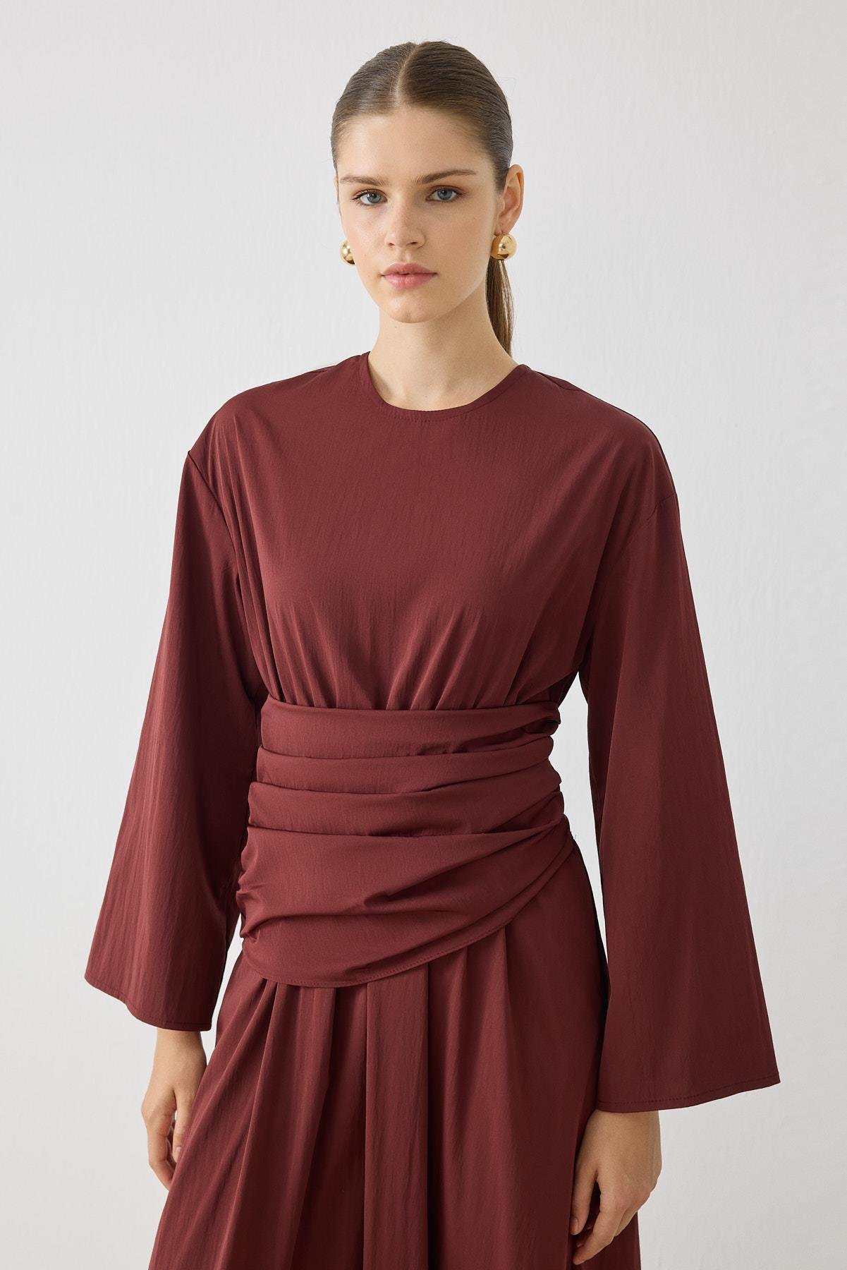 ROSE BÜZGÜLÜ DETAYLI ELBİSE BORDO