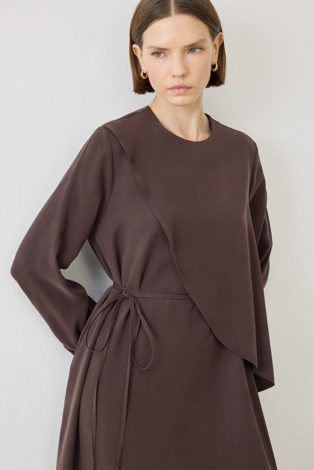 MİORİ JAVE MODAL TAŞLANMIŞ ELBİSE KAHVE