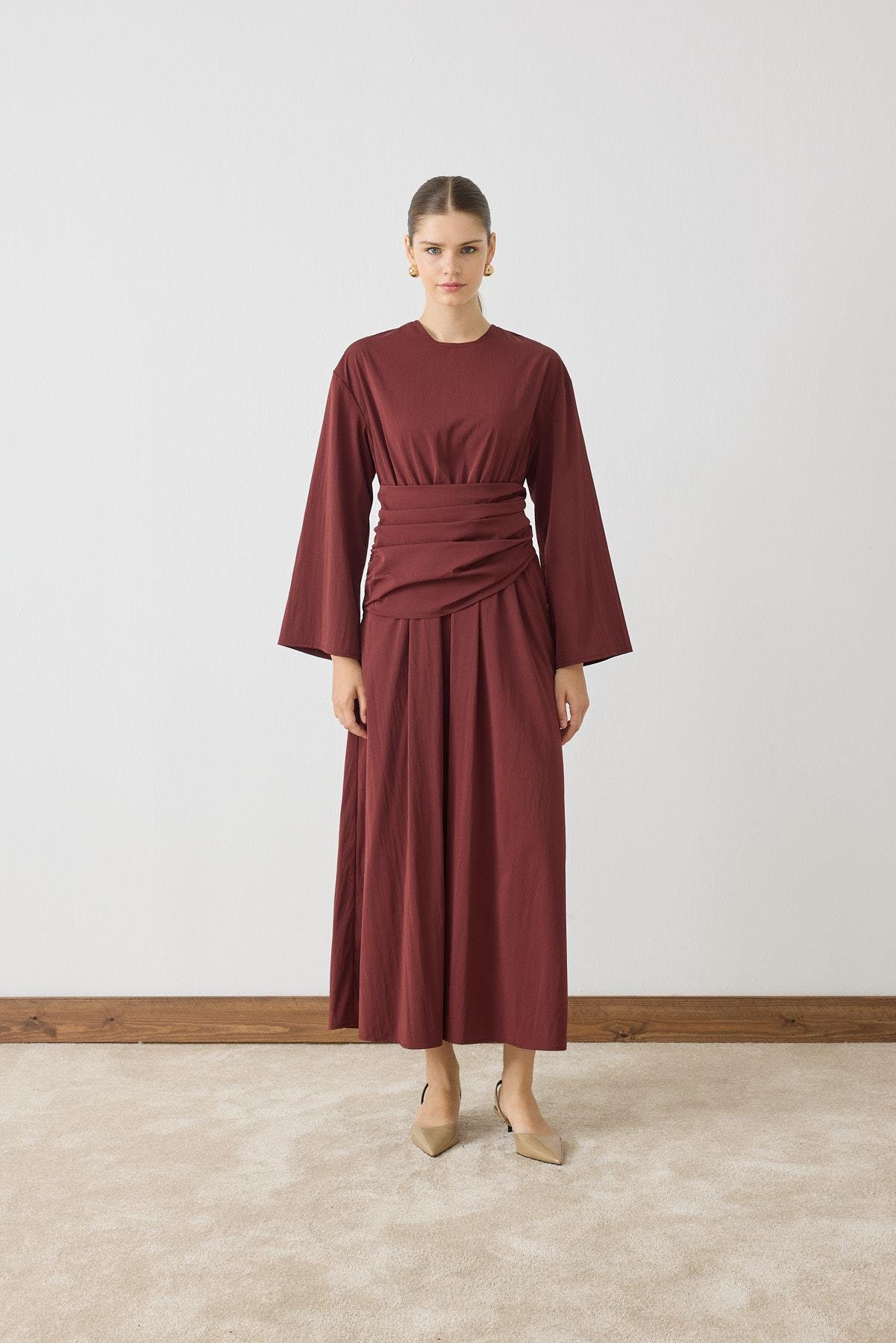 ROSE BÜZGÜLÜ DETAYLI ELBİSE BORDO