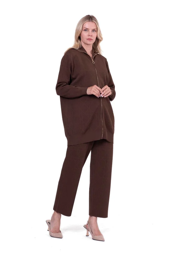 Grid Triko Pantolonlu Takım Brown