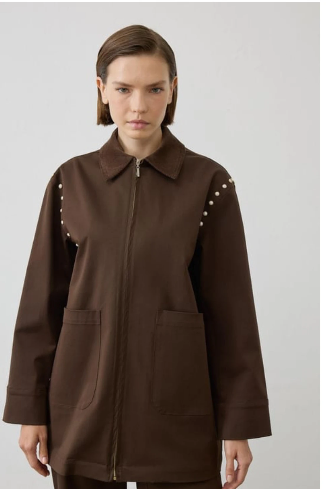 SPARK İNCİ DETAYLI PANTOLONLU TAKIM KAHVERENGİ