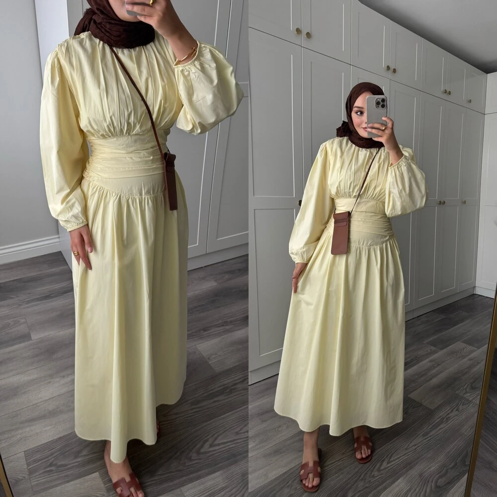 Bel Detaylı Astarlı Elbise Tereyağ Sarısı