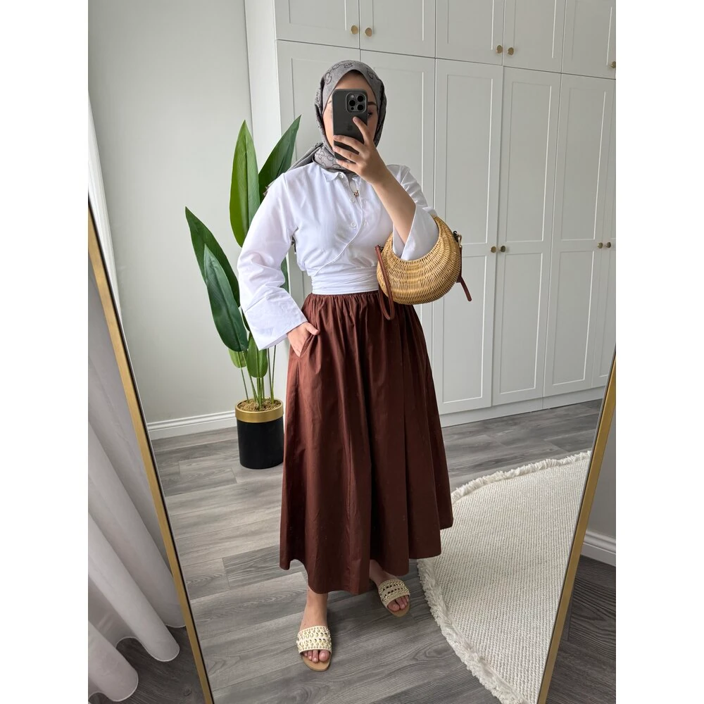 Mevsimlik Beli Lastikli Etek Kahve