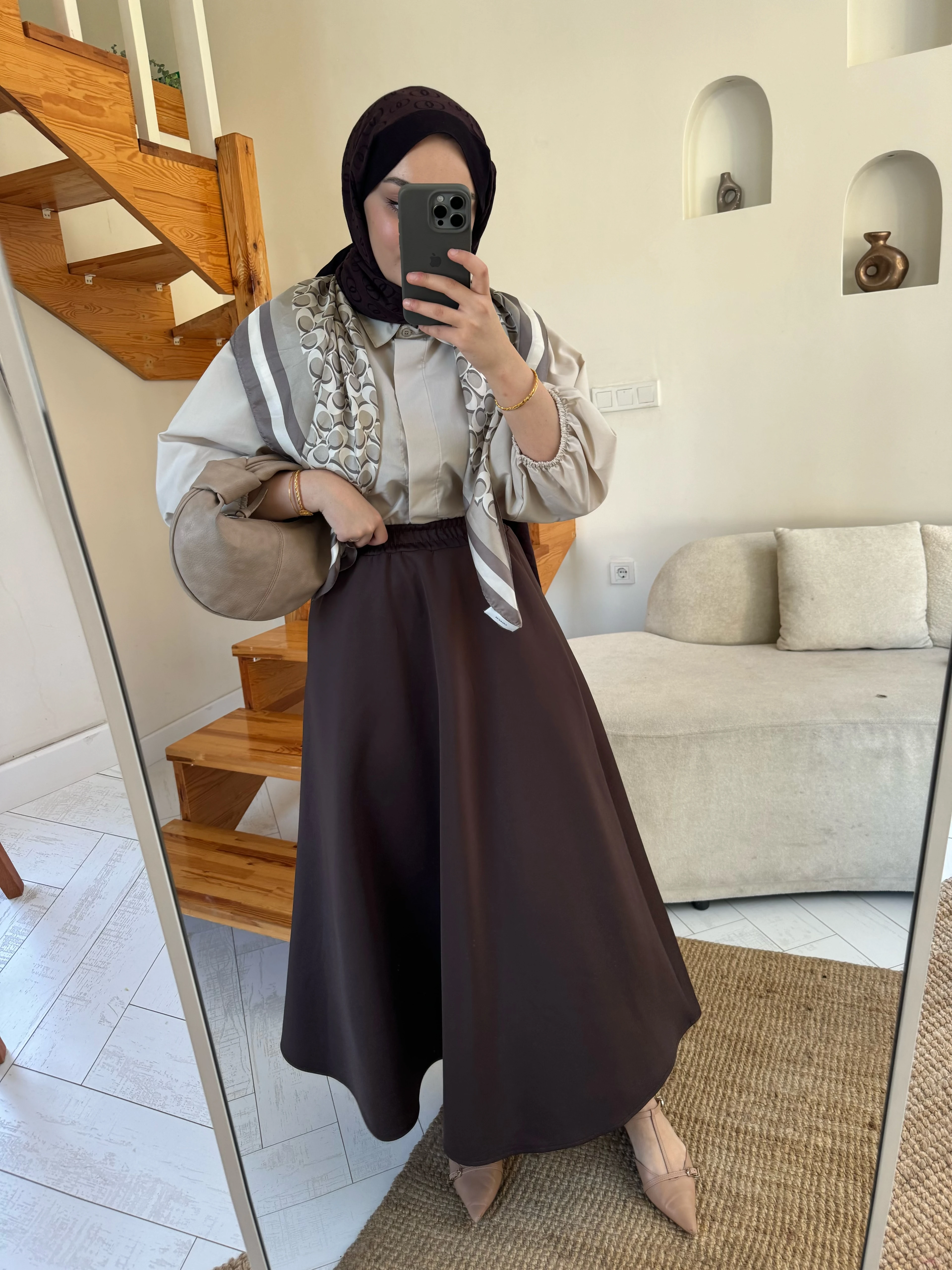 Luna Scuba Kloş Etek Kahve