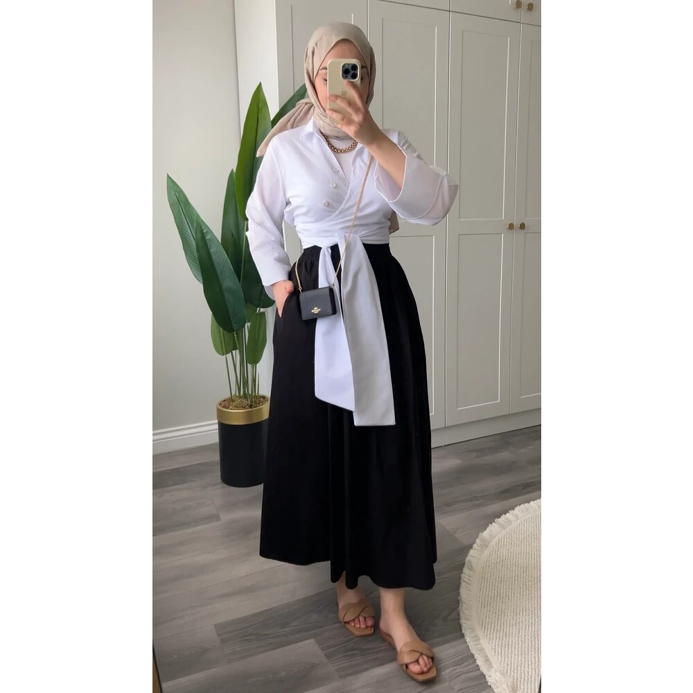 Mevsimlik Beli Lastikli Tensel Etek Siyah