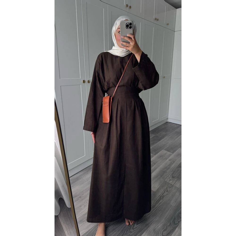 Belden Oturtmalı Keten Elbise Kahve