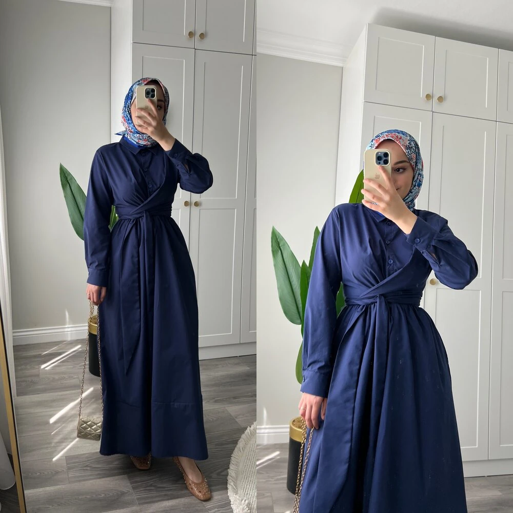 Tasarım Kuşaklı Elbise Lacivert