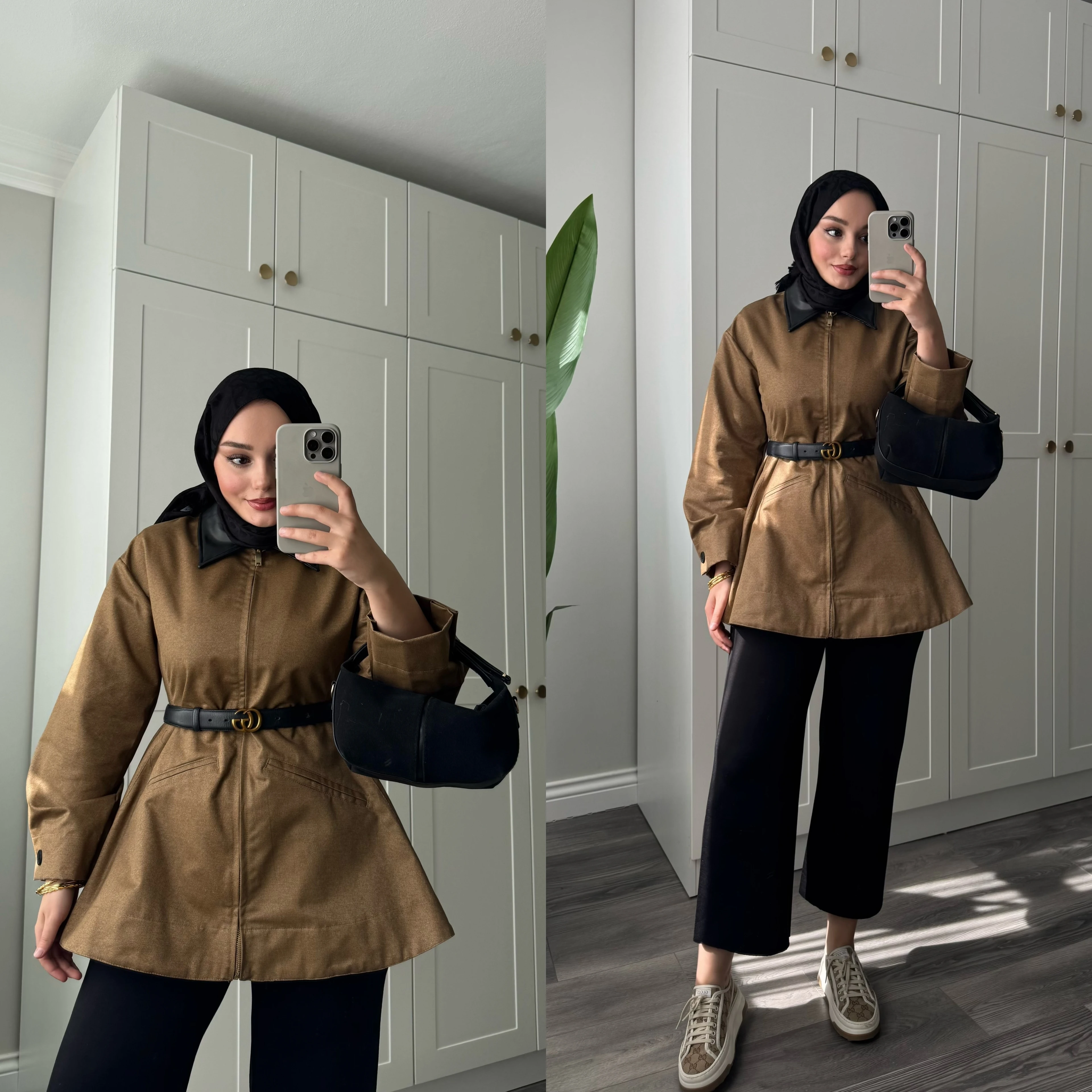 Deri Yakalı Belden Oturtmalı Ceket 