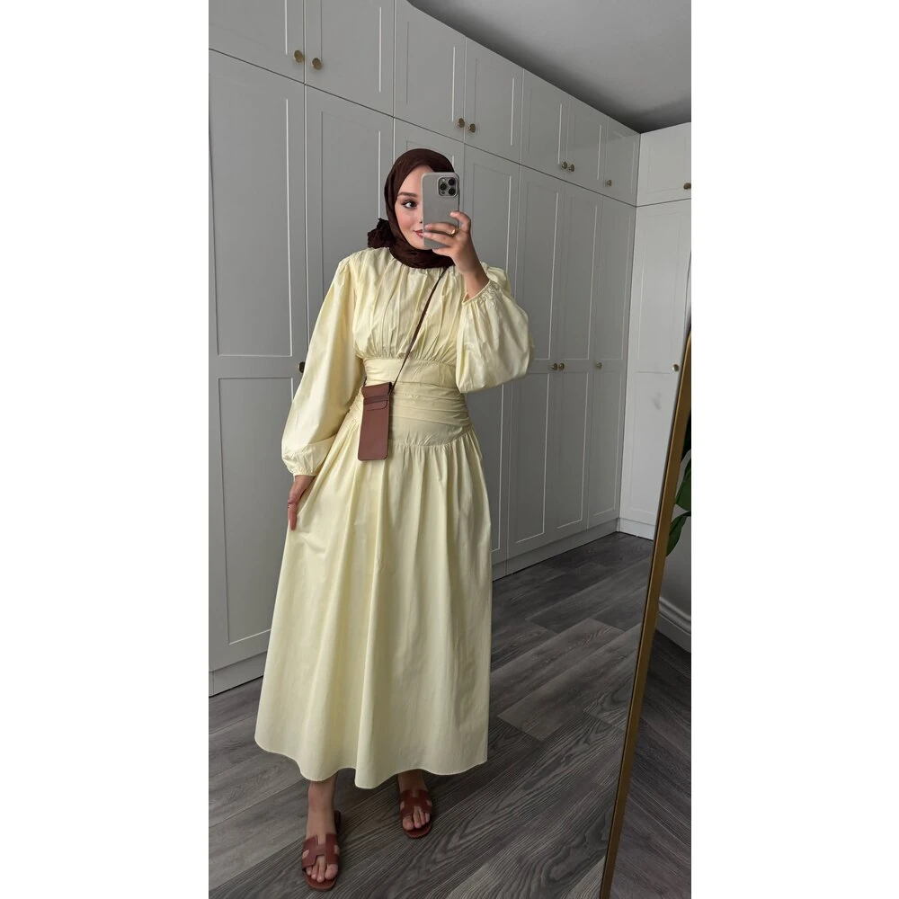 Bel Detaylı Astarlı Elbise Tereyağ Sarısı