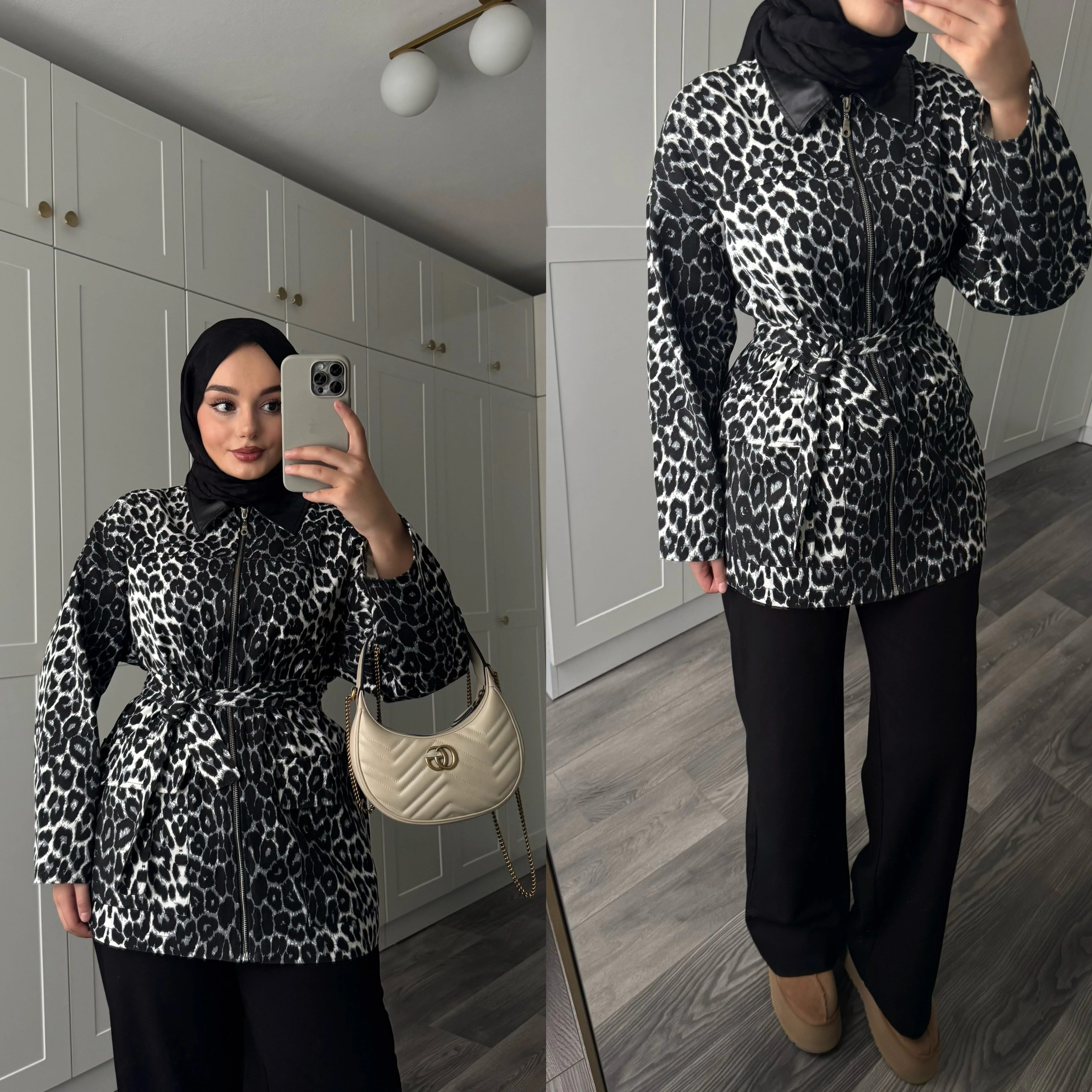 Deri Yakalı Leopar Ceket Siyah