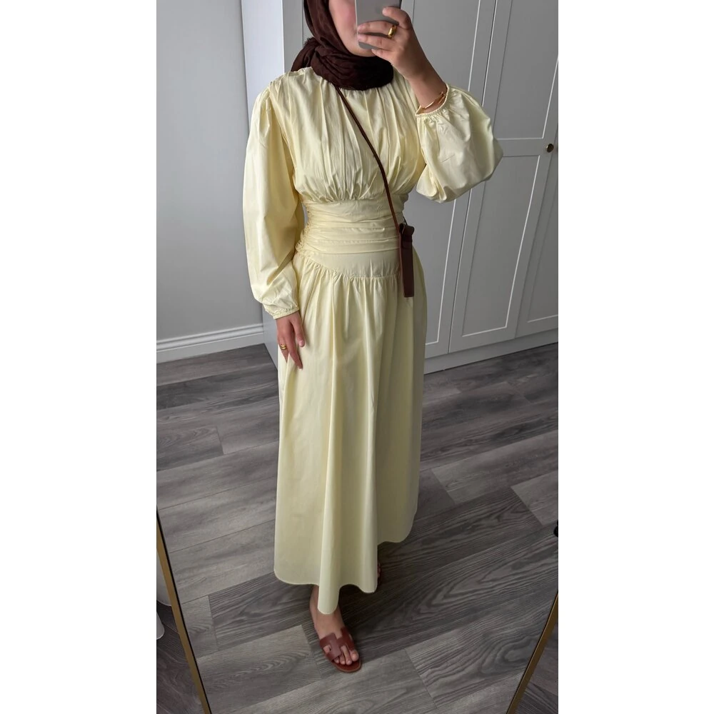 Bel Detaylı Astarlı Elbise Tereyağ Sarısı