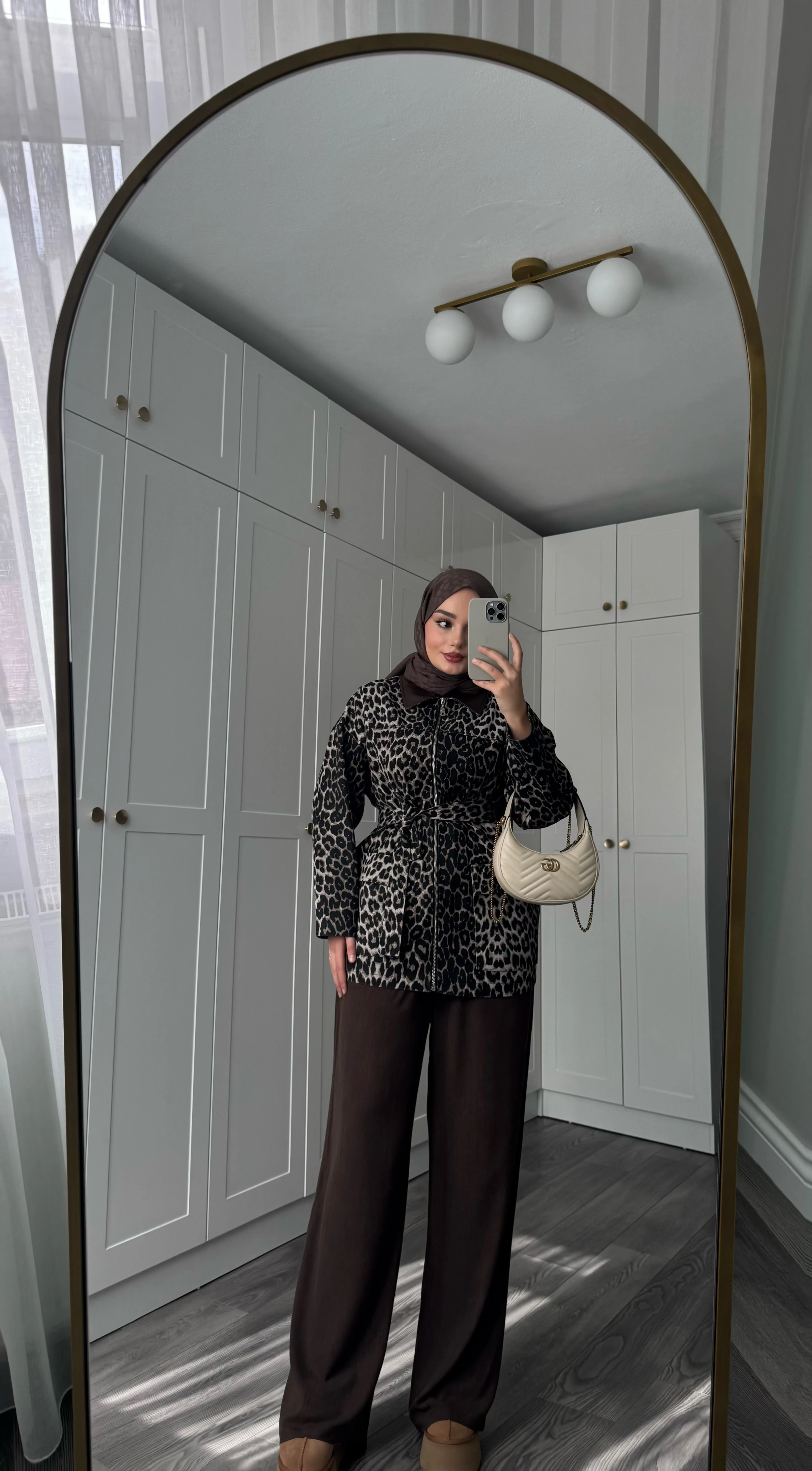 Deri Yakalı Leopar Ceket Kahve 